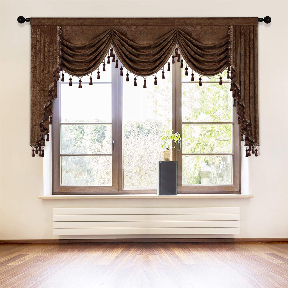 ELKCA Double-Sided Chenille Window Valance - 79 Inch Chocolate Waterfall Curtain Panel for Living Room & Bedroom - Soft Textured Home Decor for Bay Windows, French Doors & Dormers