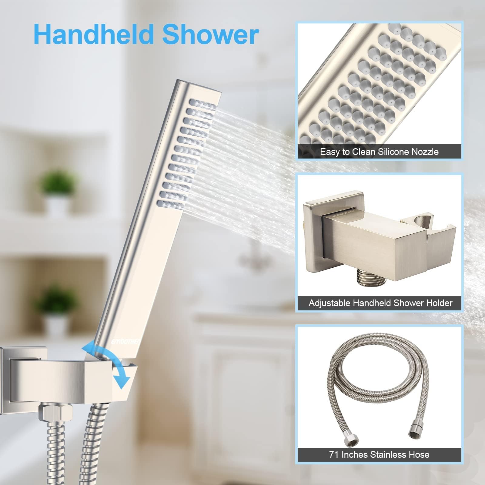 EMBATHER Brushed Nickel Rain Shower System Faucet Set - 12 Inch Rainfall Shower Head with Handheld Sprayer & Valve | Modern Bathroom Upgrade for Spa-Like Experience (Perfect for Master Bath, Guest Bath & Luxury Home Renovations)