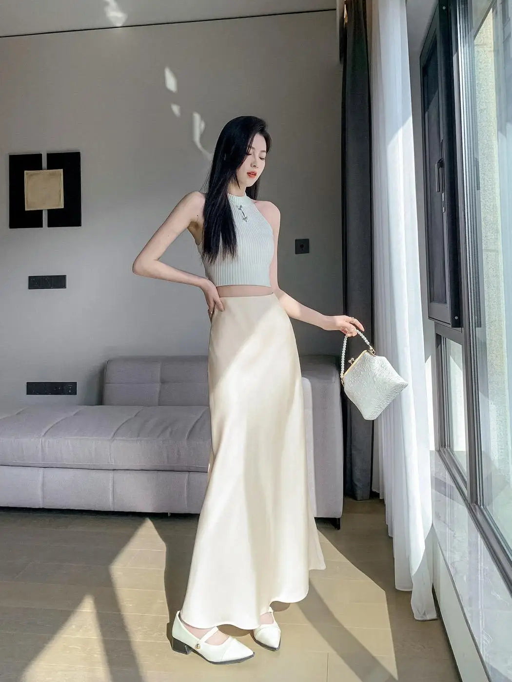 Beige & Black High Waist Mermaid Wrap Skirt for Women - Elegant Long Vacation Skirt, Sexy Summer Streetwear Fashion (Perfect for Beach Outings, Date Nights & Spring Travel)