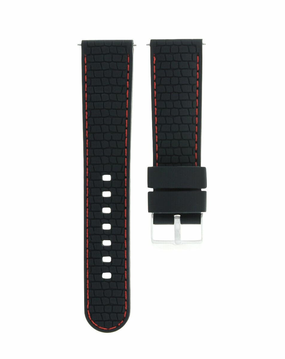 22mm Rubber Diver Watch Band Strap for Men - Black with Red Stitching - Compatible with Ferrari Watches | Waterproof & Durable for Swimming, Diving & Outdoor Activities