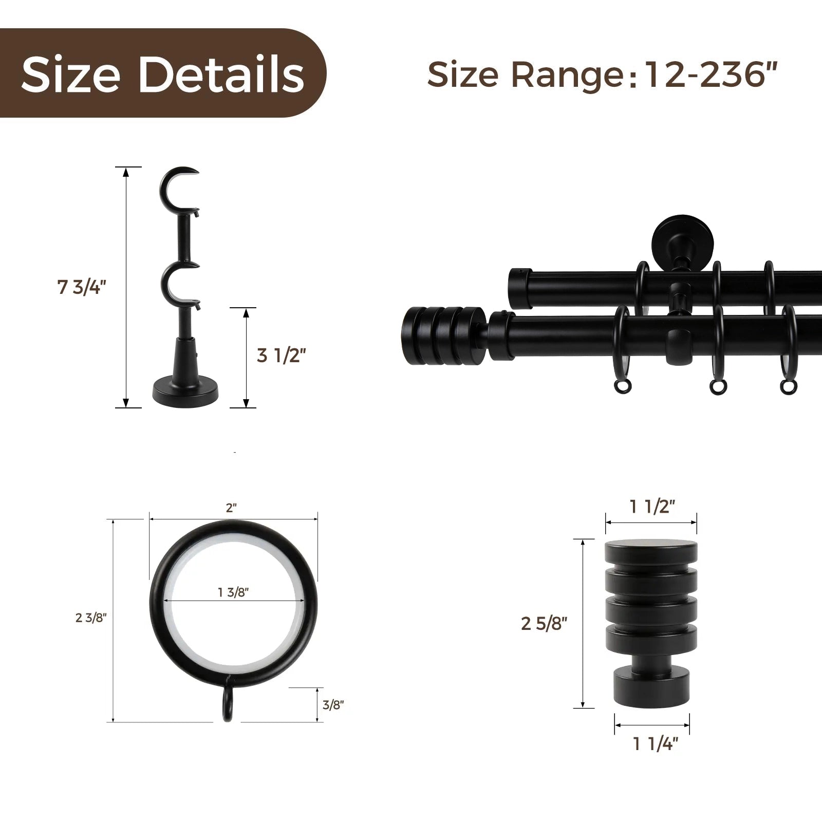 Kelvin Double Window Curtain Rod - Adjustable Tension Rod for Windows, Black Metal Curtain Rod for Home Decor - Perfect for Living Room, Bedroom & Kitchen Windows