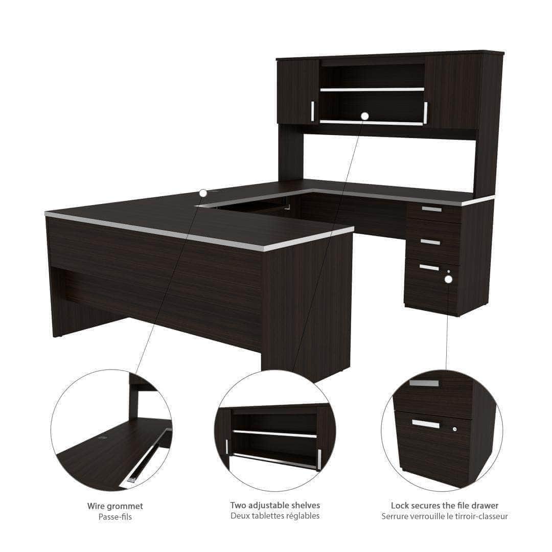 Ridgeley U-Shaped Office Desk with Pedestal & Hutch - Spacious Workstation for Home Office, Gaming, and Study