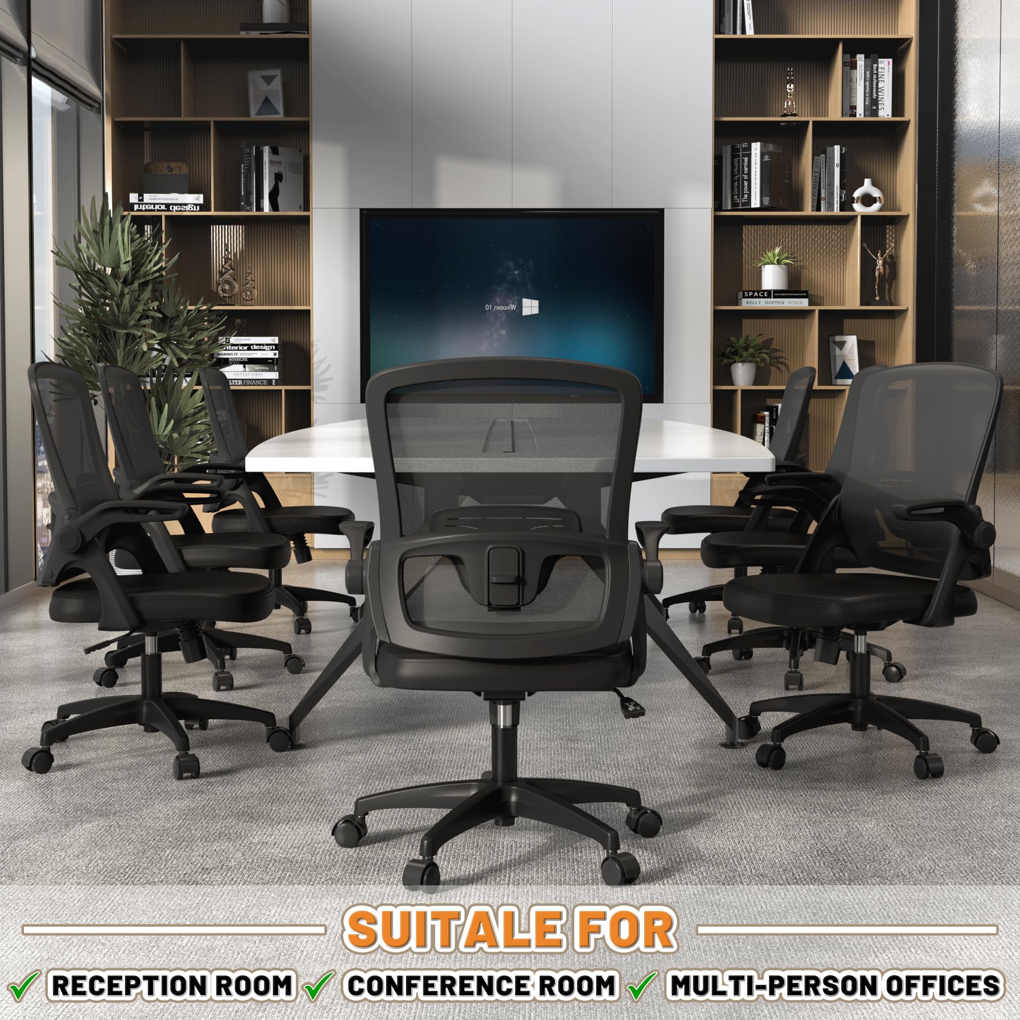 Ergonomic Mesh Office Chair with Adjustable Lumbar Support - Swivel Computer Desk Chair with Flip-Up Arms & Wheels - Comfortable Black Modern Chair for Home & Office Workspaces (Perfect for Long Hours of Work, Gaming, or Studying)