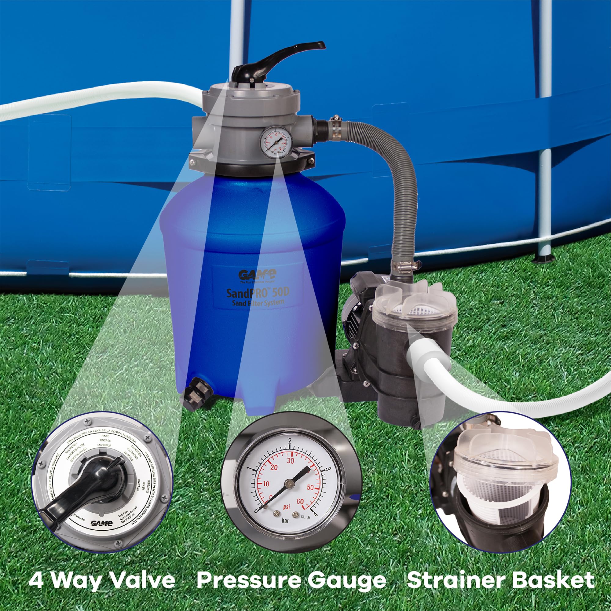 GAME 61201-BB SandPRO 50D Series 0.5HP Above Ground Pool Sand Filter Pump System - Compatible with Intex & Bestway Pools, High Power for Crystal Clear Water, Easy Maintenance, 24