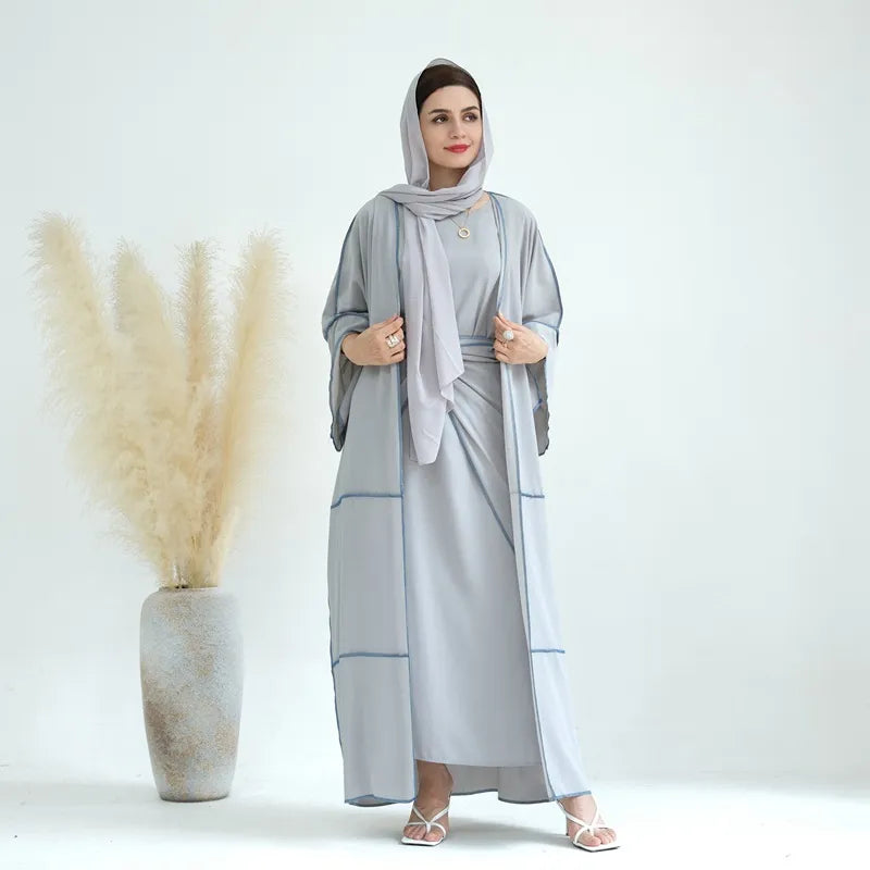 3 Piece Set Wrinkle-Free Muslim Women's Open Abaya Suit with Inner Sleeveless Dress & Waist Wrap - Modest Islamic Prayer Dress for Eid, Ramadan & Daily Wear