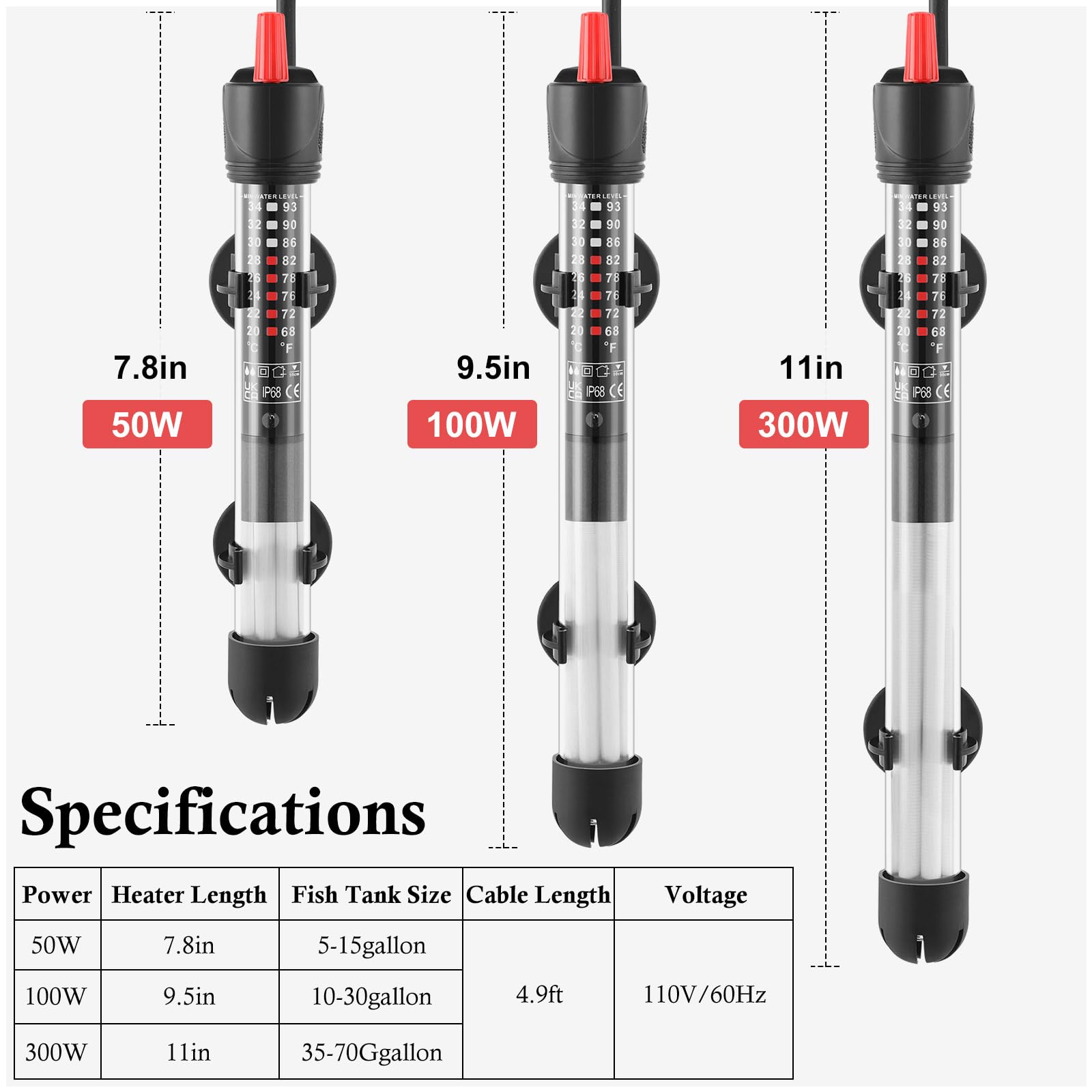 FEDOUR 50W 100W 300W Submersible Aquarium Heater - Adjustable Glass Fish Tank Water Heater for Freshwater & Saltwater Tanks (100W) | Perfect for Tropical Fish, Betta Tanks & Marine Aquariums