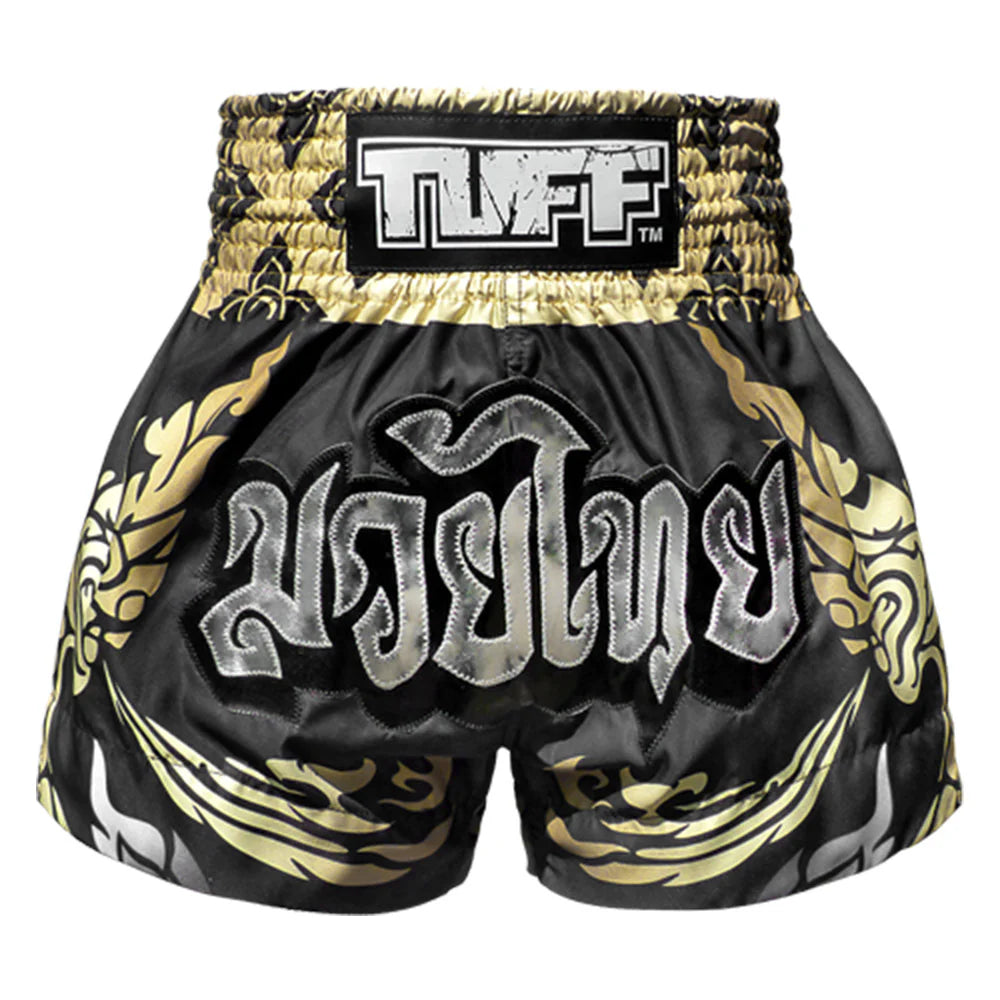 Premium Tuff Muay Thai Shorts - King of Naga Black/Gold Design for MMA, Kickboxing & Muay Thai Training | High-Performance Fight Shorts for Combat Sports