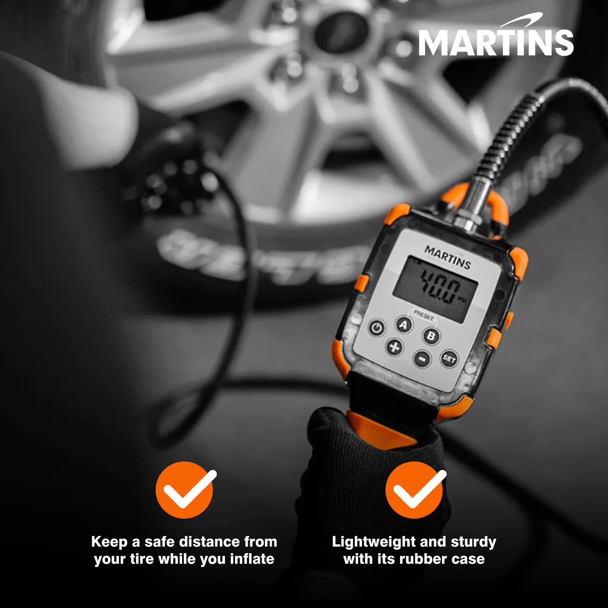 Martins Industries Flatematic Handheld Automatic Tire Inflator - 12V Portable Air Compressor for Cars, Bikes & Motorcycles - Up to 174 PSI with Auto Shutoff - Rechargeable Lithium-ion Battery - Perfect for Road Trips, Emergency Flat Tires & Garage Use
