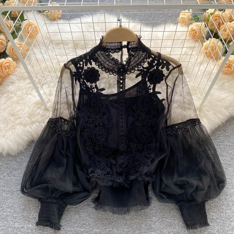 3D Floral Mesh Lantern Sleeve Blouse - Women's Short Lace Top 833 | Perfect for Summer Outfits, Date Nights & Boho Fashion