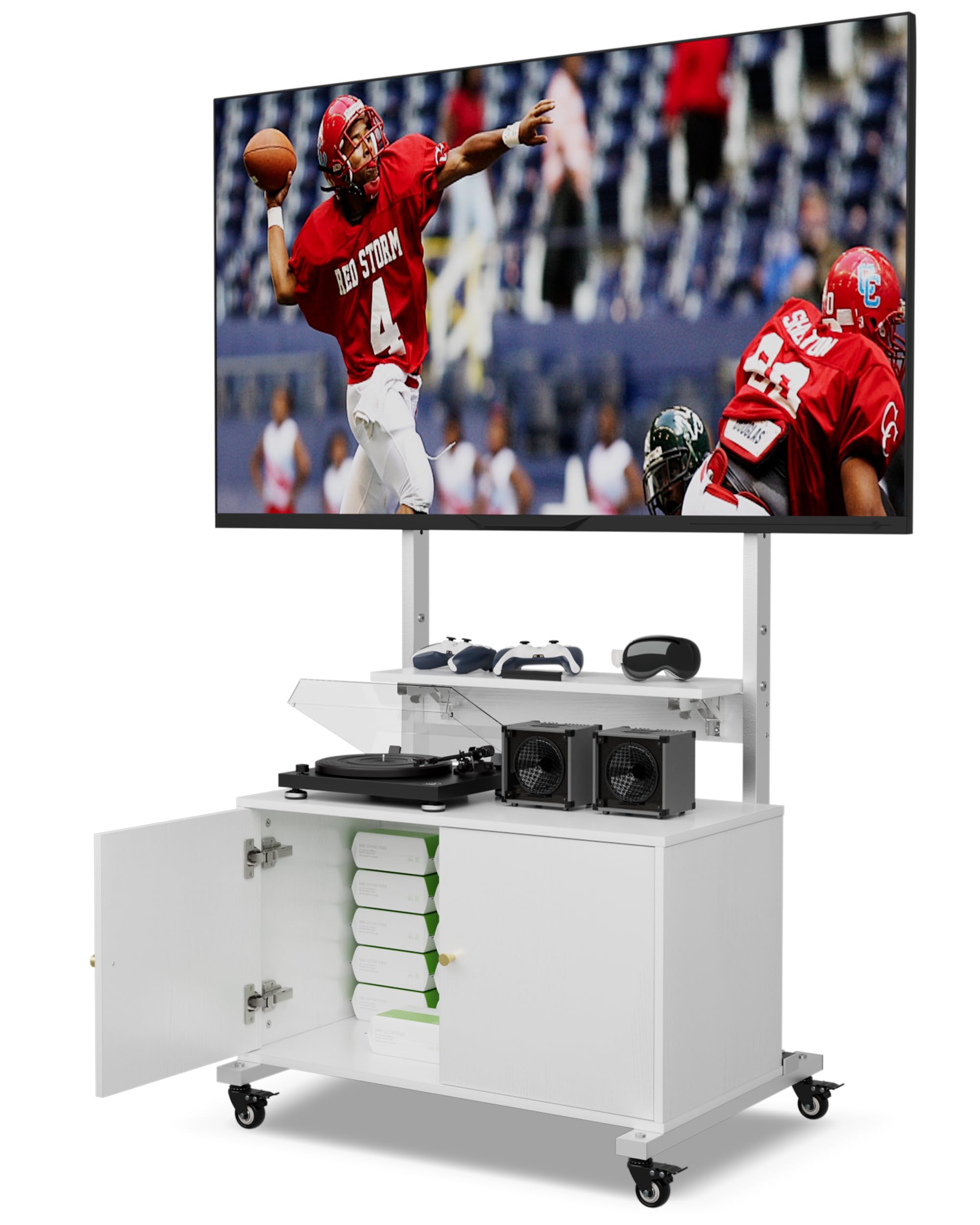 Adjustable Rolling TV Stand with Storage for 32-75 Inch Screens - Mobile Entertainment Center with Foldable Table & Height Adjustment - Perfect for Living Room, Bedroom, and Outdoor Use