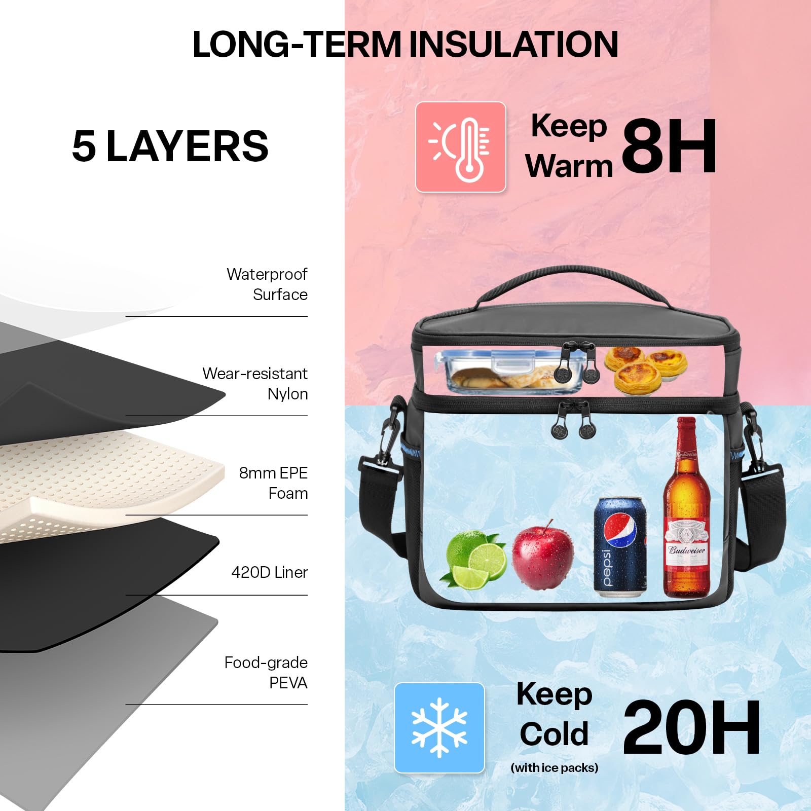 EVERFUN Small Cooler Lunch Box - Leak-Proof, Insulated & Collapsible Mini Cooler for 24 Cans - Portable Soft Double Deck Cooler Bag for Men & Women - Perfect for Work, Travel, Car, Picnic & Beach - Black