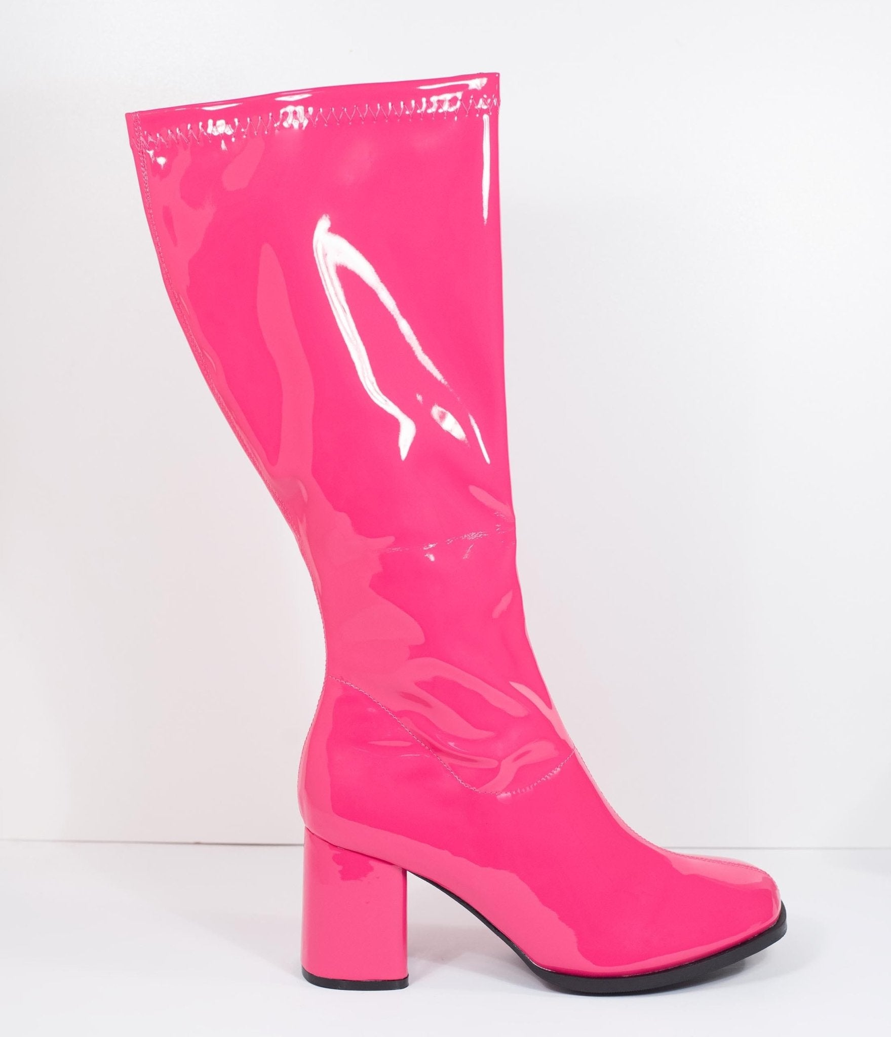 Hot Pink Patent Leatherette Knee High Go Go Boots for Women - 60s Retro Party Costume & Dance Shoes - Perfect for Halloween, Cosplay and Vintage Themed Events