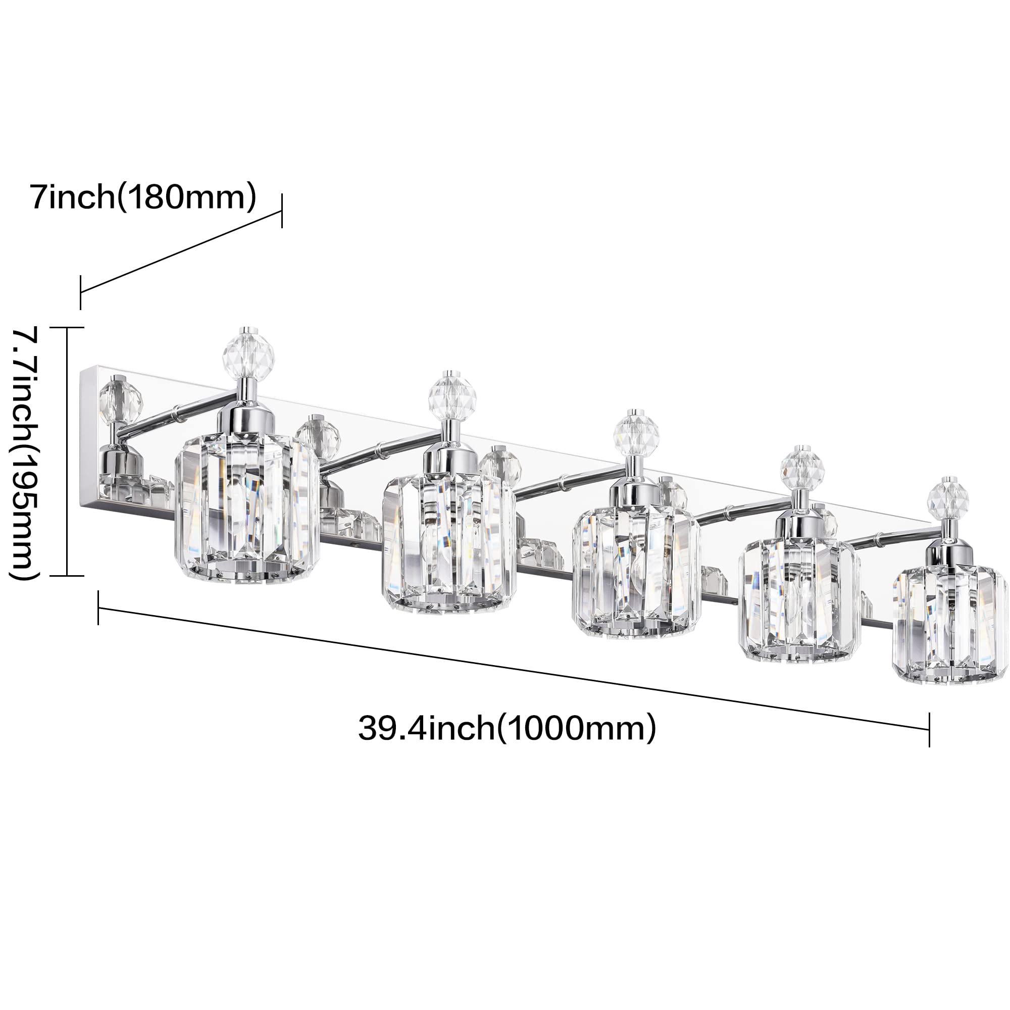 Modern Crystal Vanity Light for Bathroom - Chrome 5-Light Wall Fixture with Adjustable Arms - Perfect for Bathroom Mirror Lighting, Dressing Room & Makeup Area