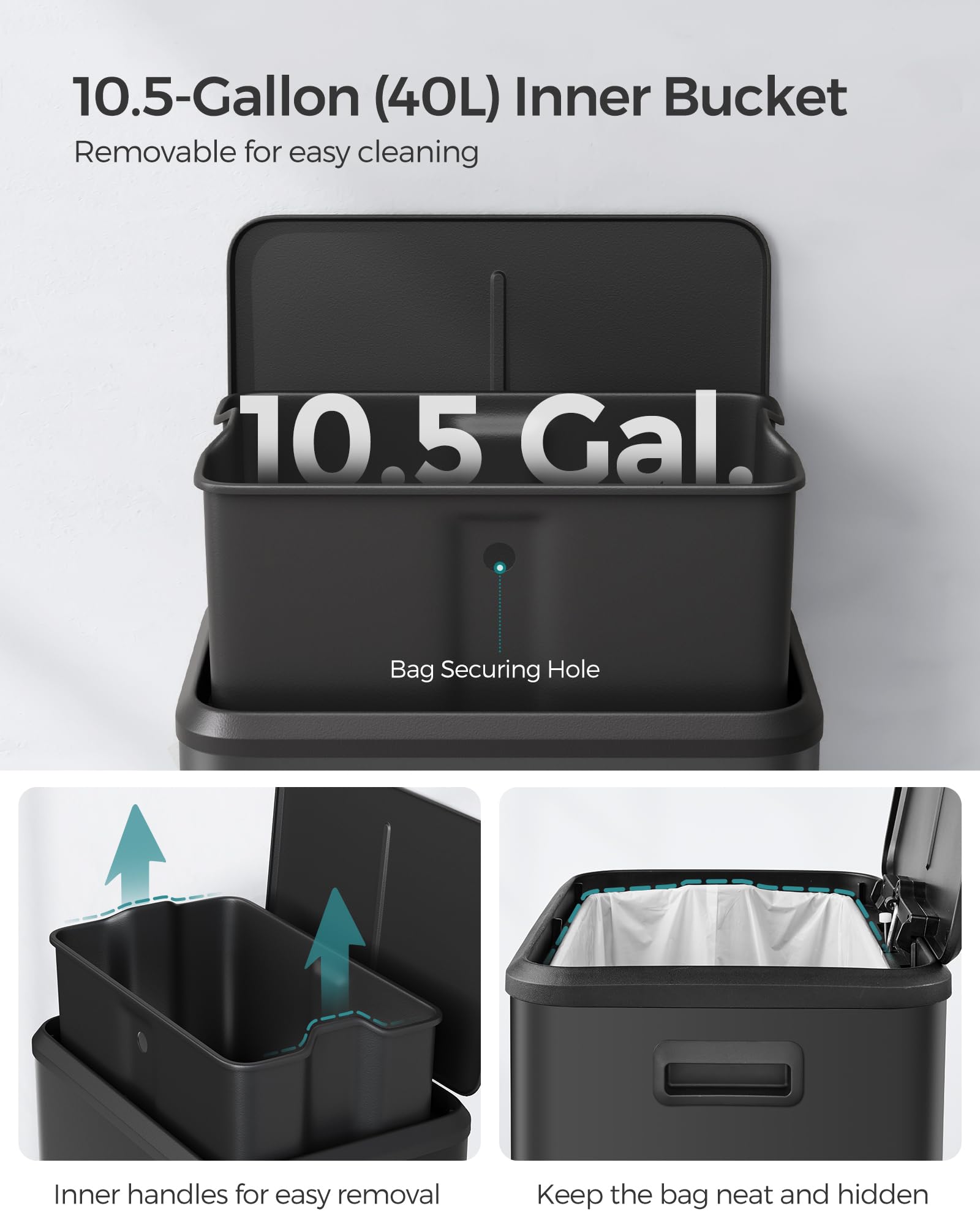 SONGMICS 10.5-Gallon (40L) Stainless Steel Kitchen Trash Can with Lid - Wide Foot Pedal, Soft Close & Stay Open Feature - Perfect for Home, Office & Restaurant Use - Black (ULTB541B40)