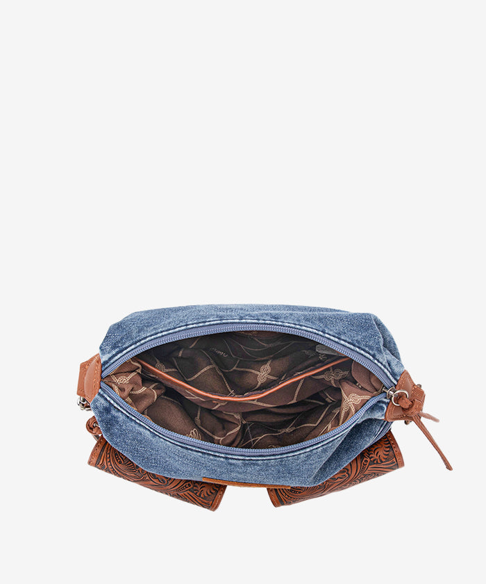 Wrangler Floral Embossed Denim Crossbody Bag for Women - Stylish & Durable Purse for Everyday Use, Shopping & Travel