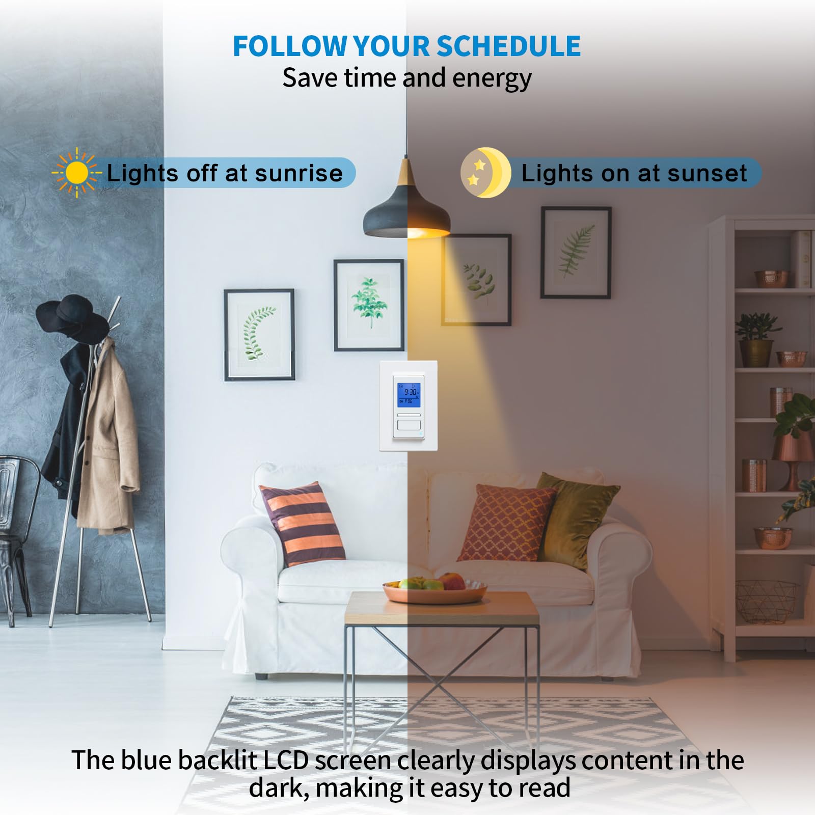 7-Day Programmable Light Switch Timer with Blue Backlight LCD - In-Wall Digital Timer for Lights, Fans & Motors - Sunrise/Sunset Auto On/Off - Neutral Wire Required - Perfect for Home, Office & Outdoor Lighting Automation