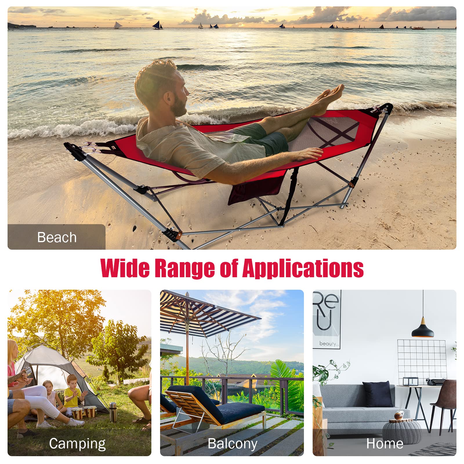 Giantex Portable Folding Hammock with Stand - Heavy Duty Camping Bed for Indoor & Outdoor Use, Patio, Yard, Beach - Includes Side Pocket & Anti-Tip Buckles, Sturdy Iron Frame (Red) - Perfect for Relaxing, Lounging, Camping Trips and Backyard Getaways