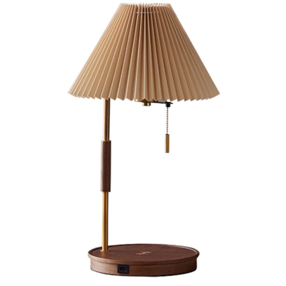 Wireless Charging Desk Lamp with Pleated Fabric Shade - Solid Wood Night Light for Bedroom, Office & Study | USB-C Fast Charging, Adjustable Brightness, Modern Home Decor Lighting