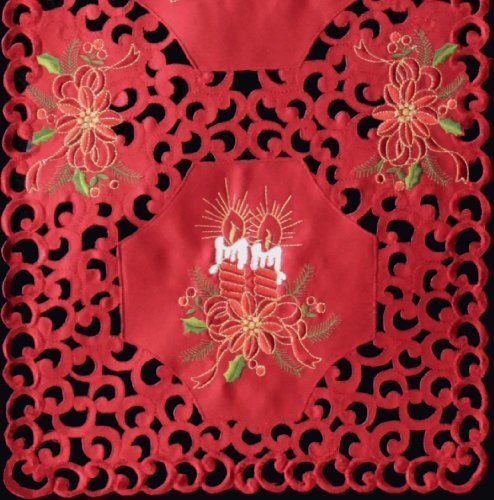 Holiday Christmas Embroidered Poinsettia Table Runner 15x53 Inches - Red and Gold Festive Dining Table Decor for Christmas Party, Buffet, and Home Decoration