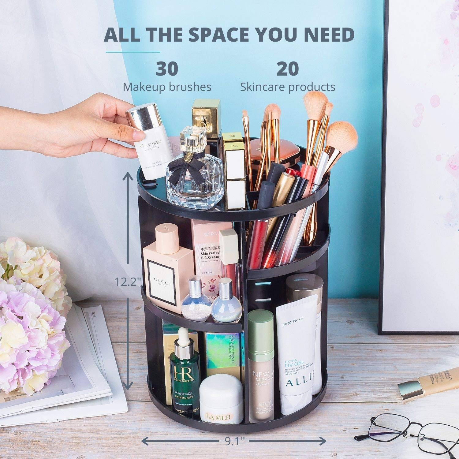 360° Rotating Makeup Organizer with 7 Adjustable Layers & 4 Trays - Spinning Bathroom Storage for Cosmetics, Perfumes & Skincare Products | Perfect for Vanity, Dressing Table & Small Space Organization (Black)