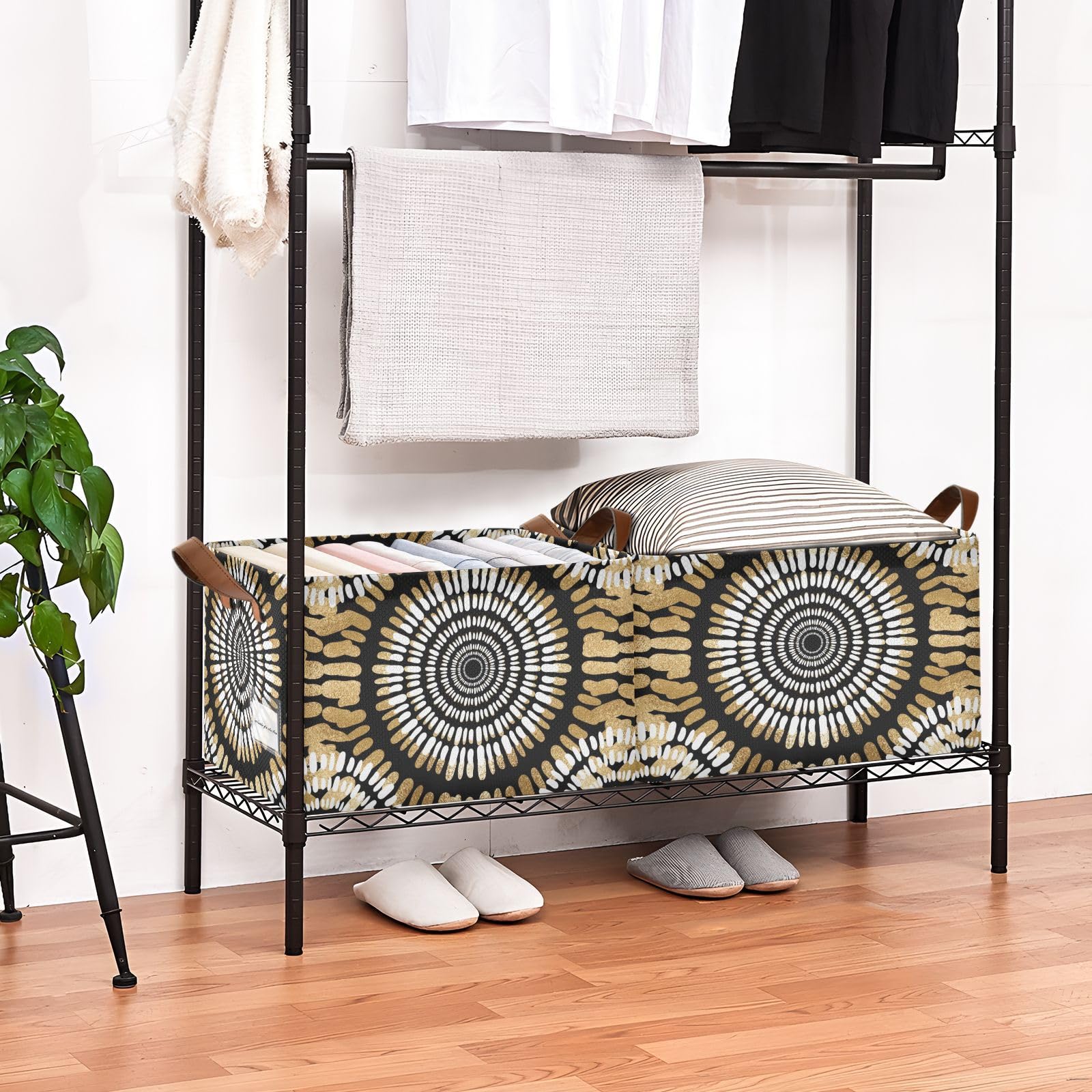 Yuiboo Foldable Storage Bins with Handles - 2 Pack Abstract Circle Pattern Cloth Baskets in Black, White & Gold | Organizer for Pantry, Shelves, Drawers, Desktop, Closet, Classroom & Office | Perfect for Home Organization & Decorative Storage Solutions