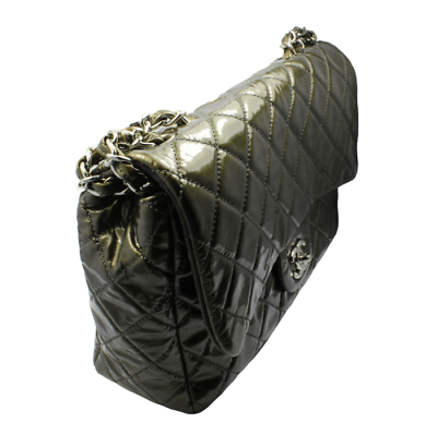 Authentic 2008 Chanel Classic Jumbo Quilted Patent Leather Handbag in Rare Olive Green - Luxury Designer Purse for Women, Perfect for Evening Events & Special Occasions