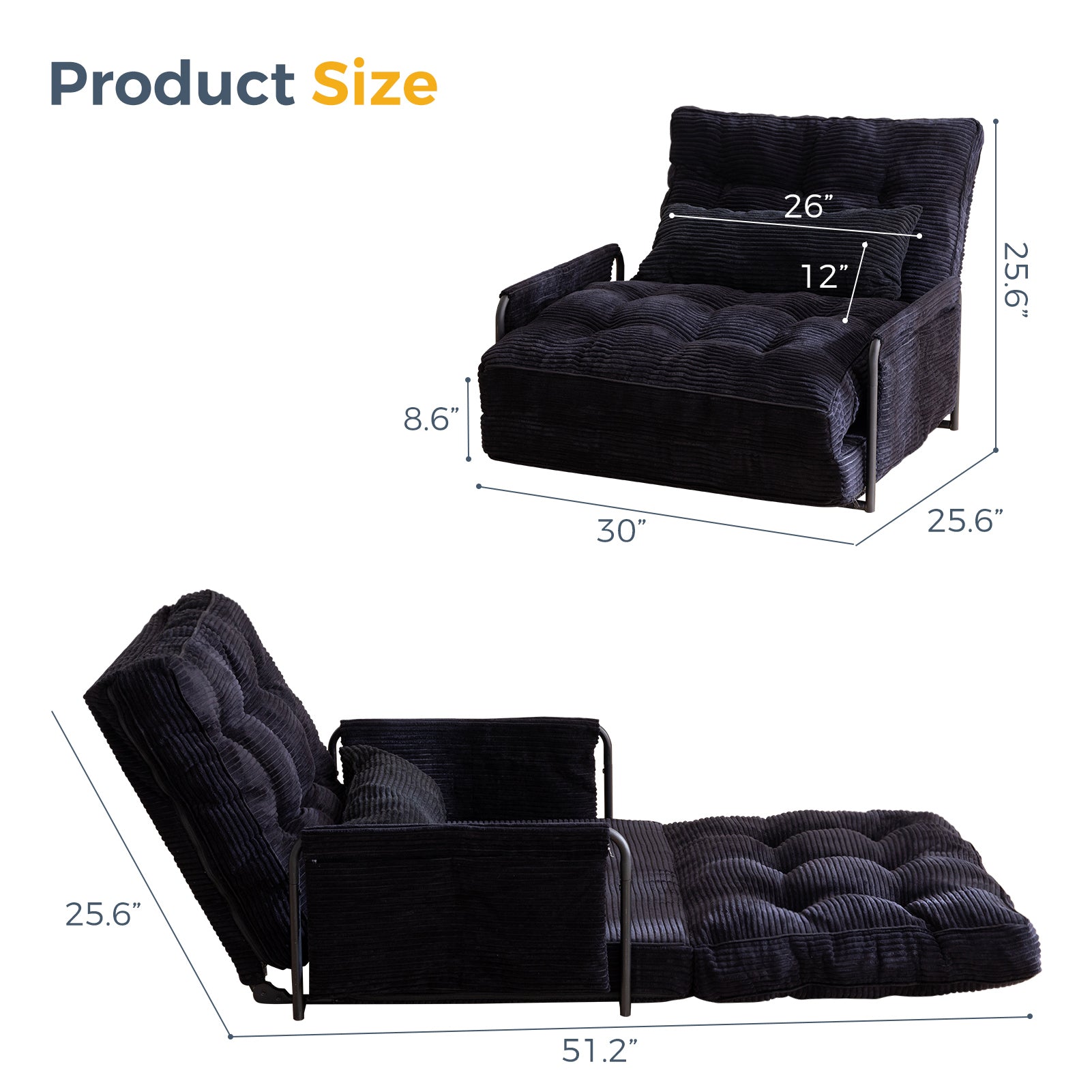 MAXYOYO Adjustable Floor Sofa Couch - 5 Position Foldable Lazy Sofa Sleeper Bed with Pillow & Armrest - Single Size Black for Living Room, Bedroom & Small Spaces