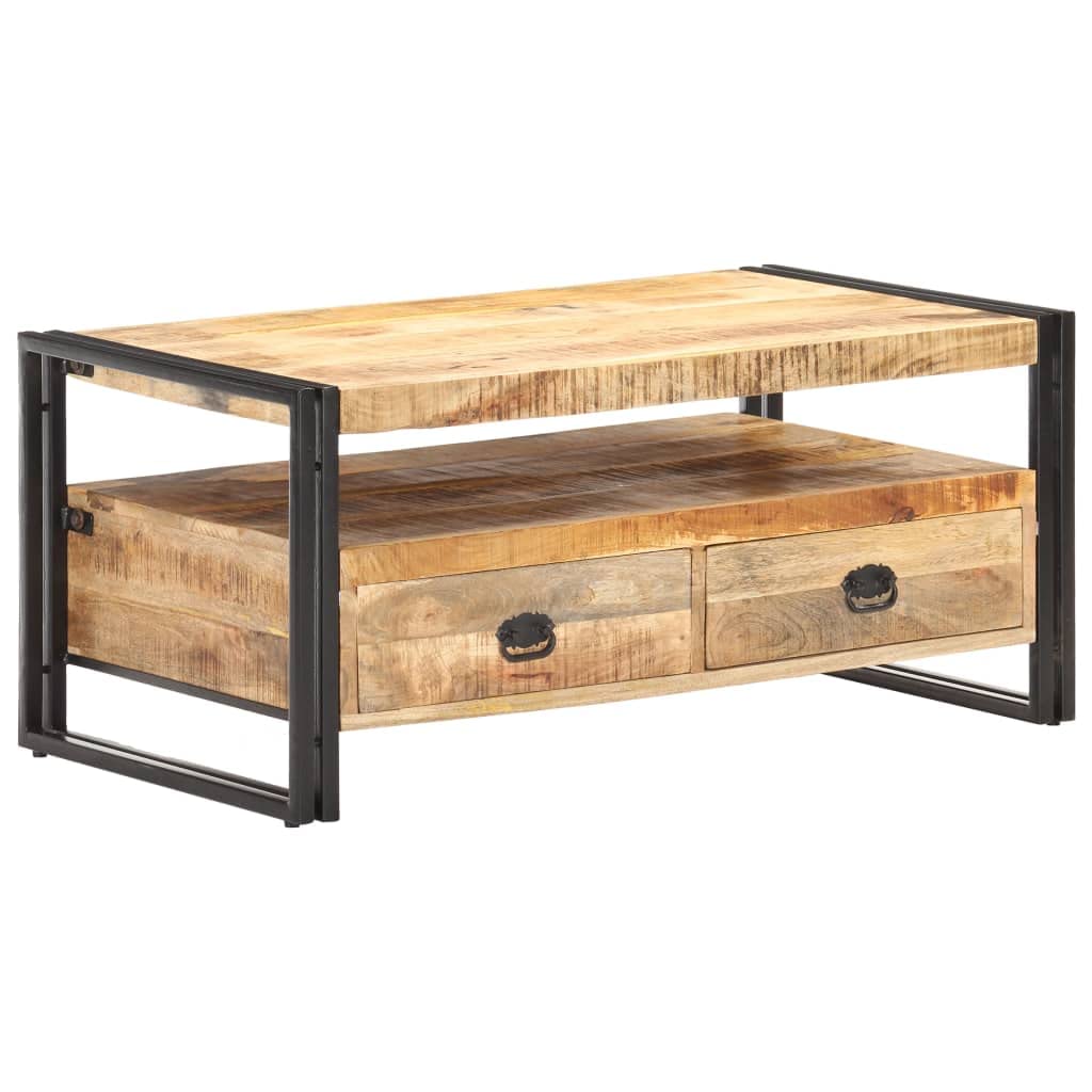 Industrial Mango Wood Coffee Table with Steel Legs & 2 Drawers - Living Room Centerpiece
