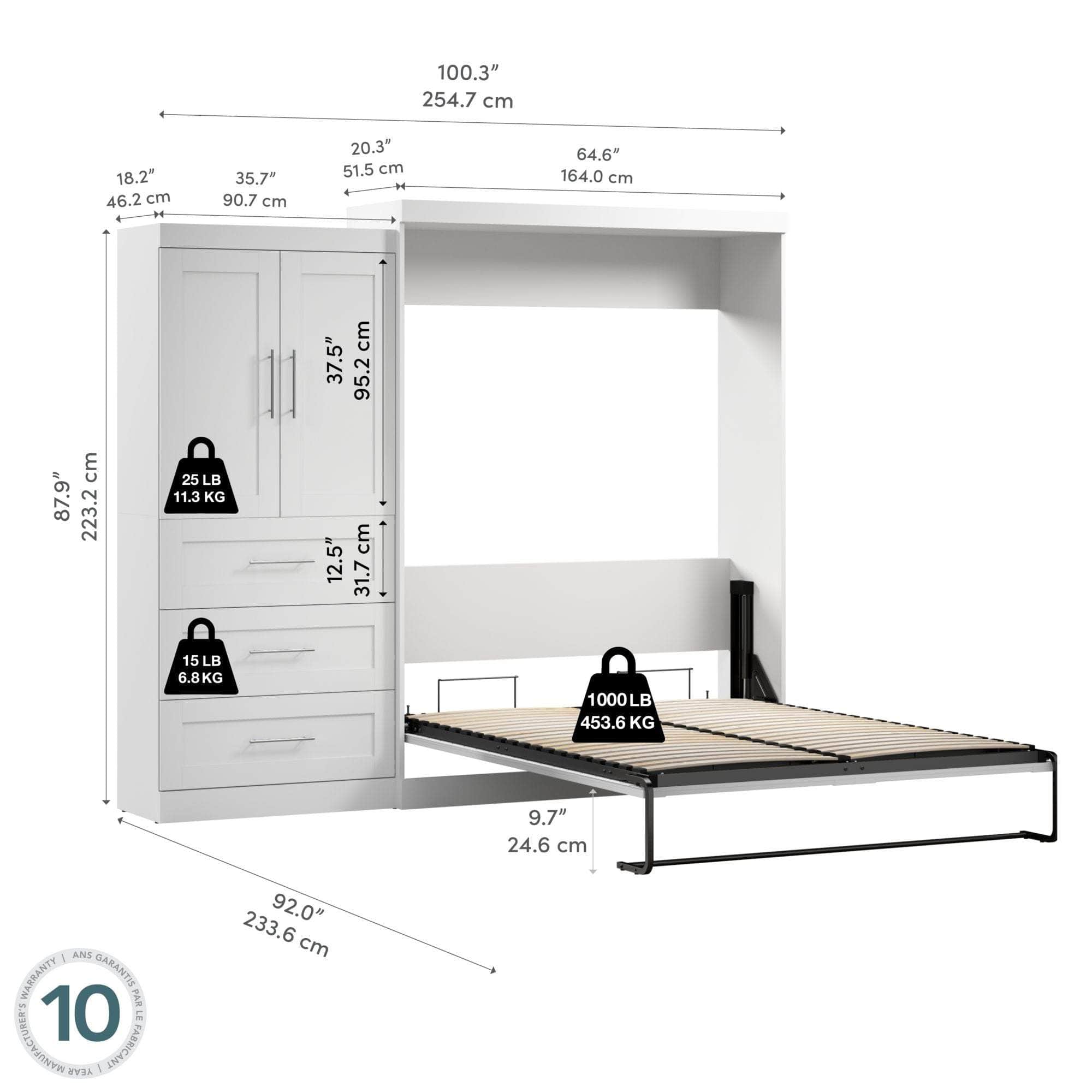Pur Queen Murphy Wall Bed with Storage Drawers (101 Inch) - 4 Color Options | Space-Saving Wall Bed for Small Apartments, Guest Rooms & Home Offices