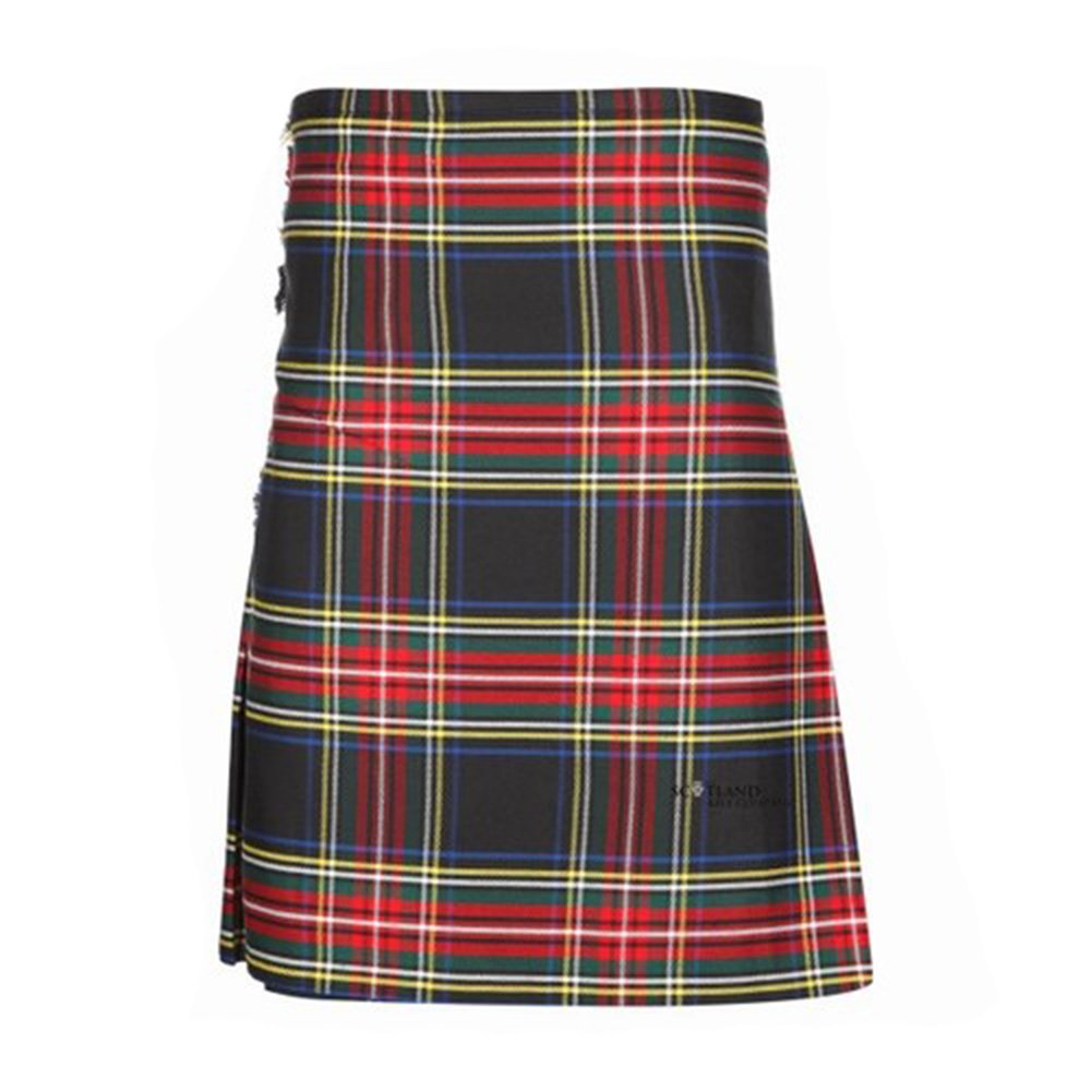 Black Stewart Tartan Men's Kilt - 8 Yard Polyviscose Scottish Wedding Skirt | Knee-Length Traditional Highland Dress for Weddings, Renaissance Fairs & Celtic Events