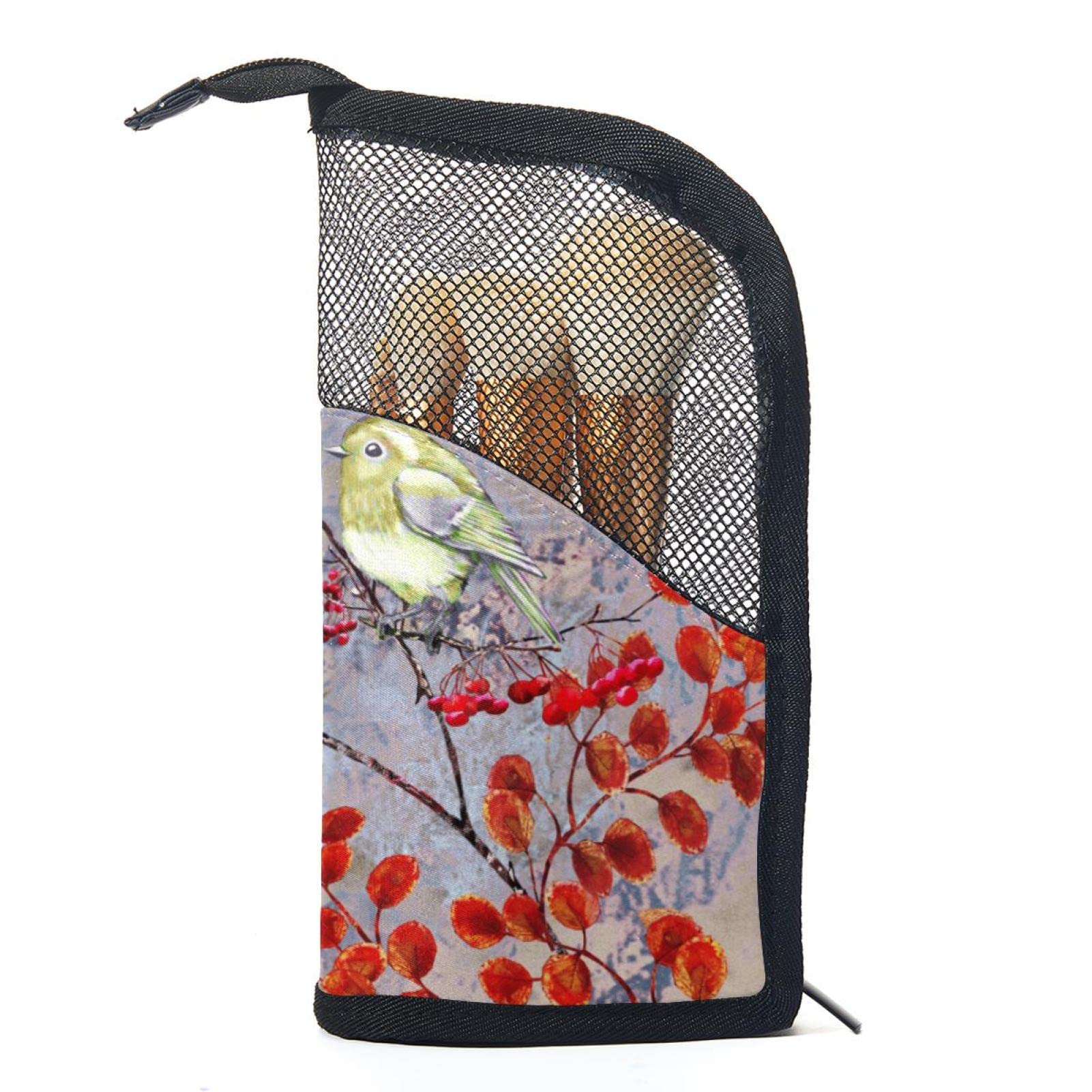 Watercolor Red Tree Leaves Bird Makeup Brush Organizer Bag with 12 Brushes - Portable Travel Makeup Brush Holder Case for Professional Artists & Beauty Enthusiasts (Perfect for Home, Travel & Salon Use)