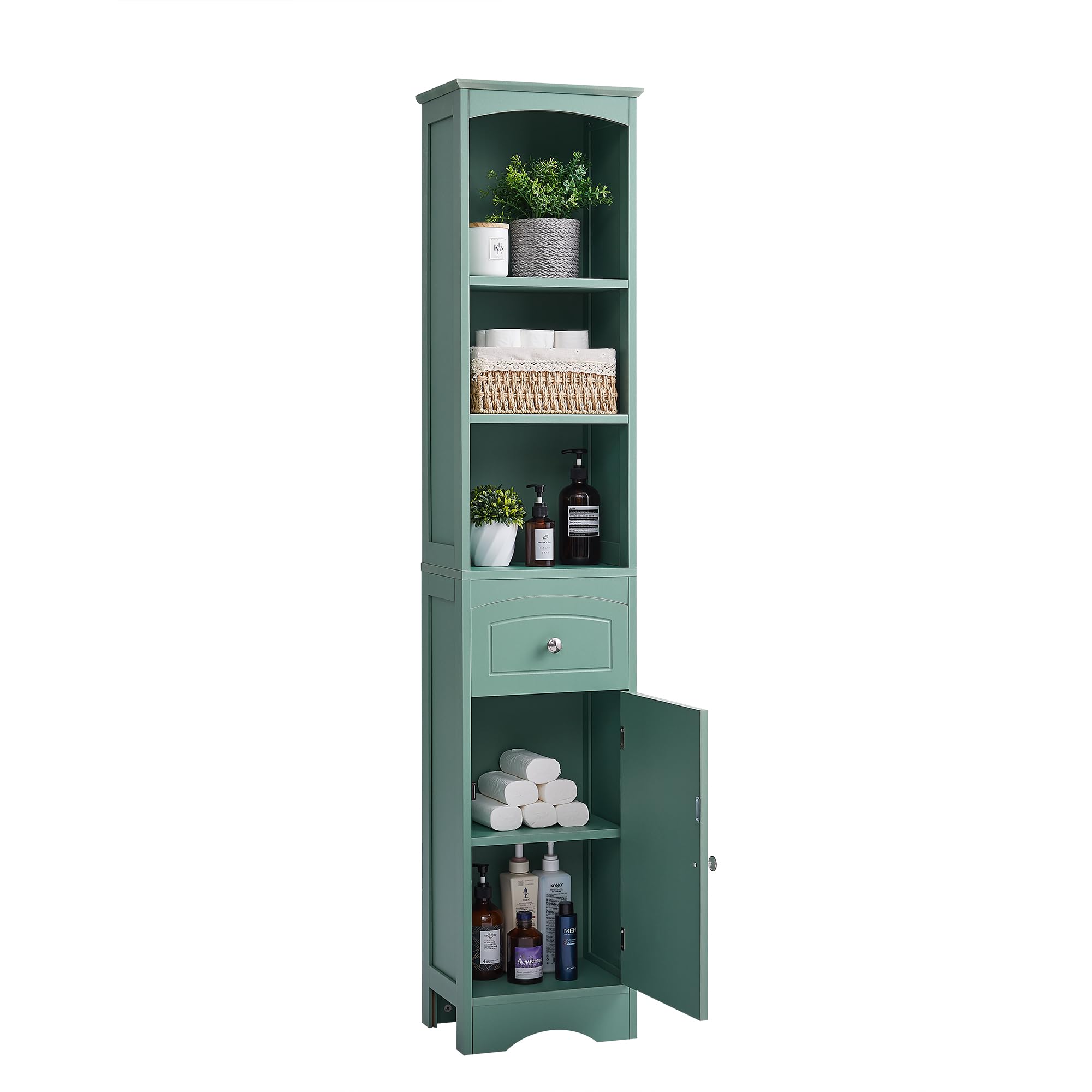 Tall Freestanding Bathroom Storage Cabinet Organizer - Slim Green Bathroom Linen Cabinet with Adjustable Open Shelf, 1 Drawer & 1 Door - Perfect for Bathroom, Bedroom & Small Space Organization