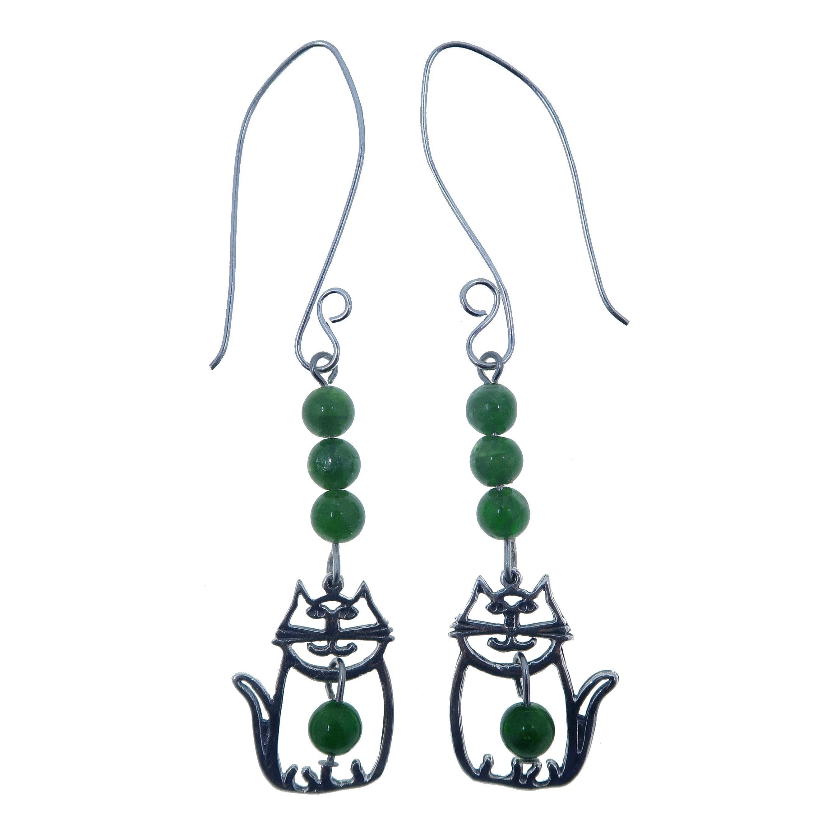 Diopside Earrings for Women - Sterling Silver Fat Cat Abundance Stone Jewelry | Elegant Gift for Cat Lovers, Birthday & Special Occasions