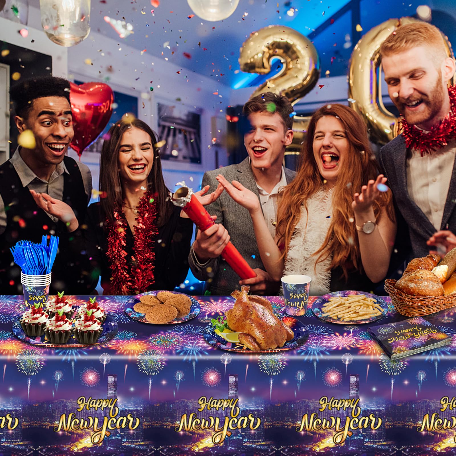 HOWAF 109-Piece Colorful Firework New Year Party Tableware Set for 20 Guests - Gold Glitter Plates, Napkins, Cups, Cutlery & Tablecloth - Perfect for 2025 New Year's Eve Dinner, Birthday Parties & Celebrations