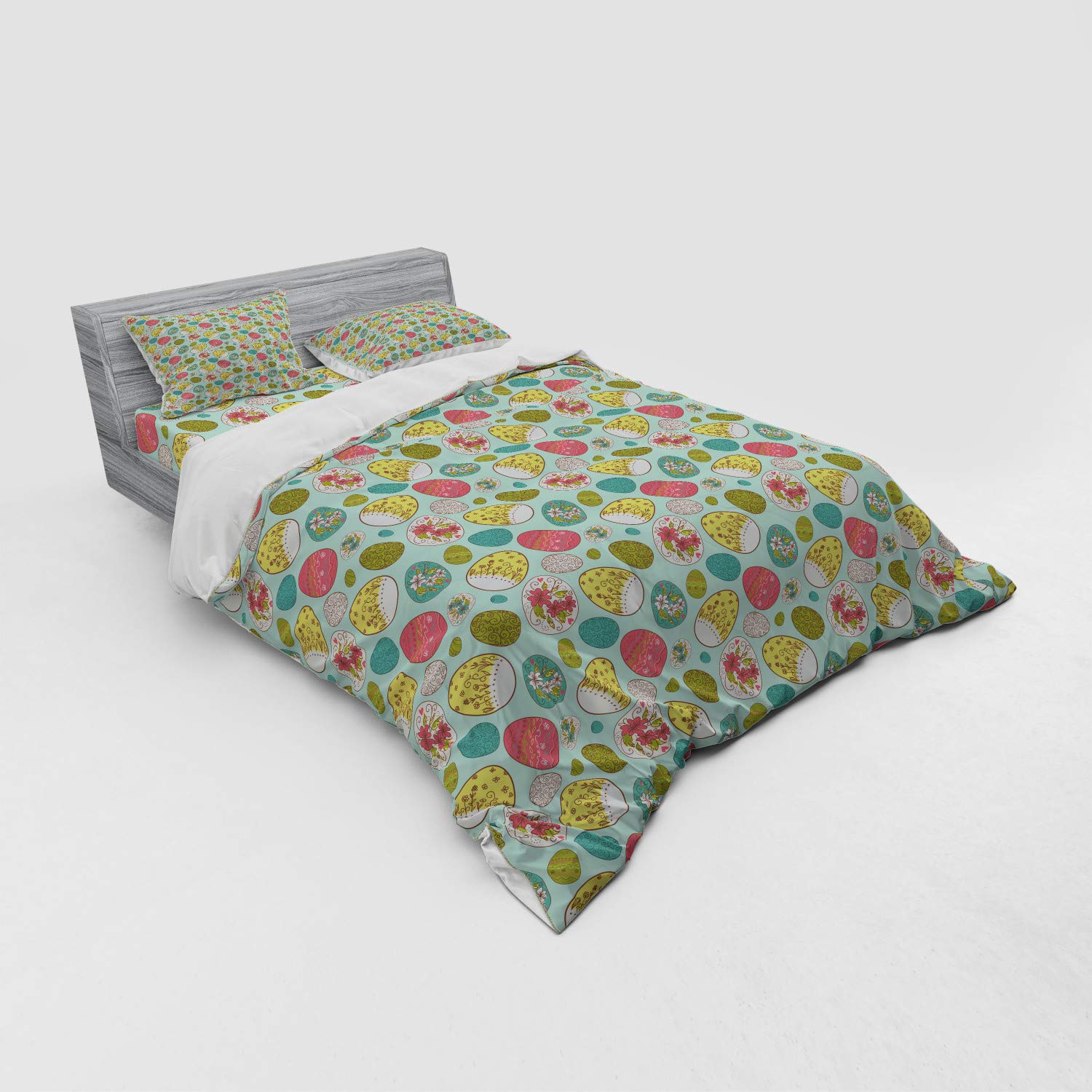 Ambesonne Easter Bedding Set - Pale Blue Floral Doodle Duvet Cover Set with Shams & Fitted Sheet, Queen Size 4-Piece - Perfect for Spring Decor, Guest Room & Holiday Home Styling