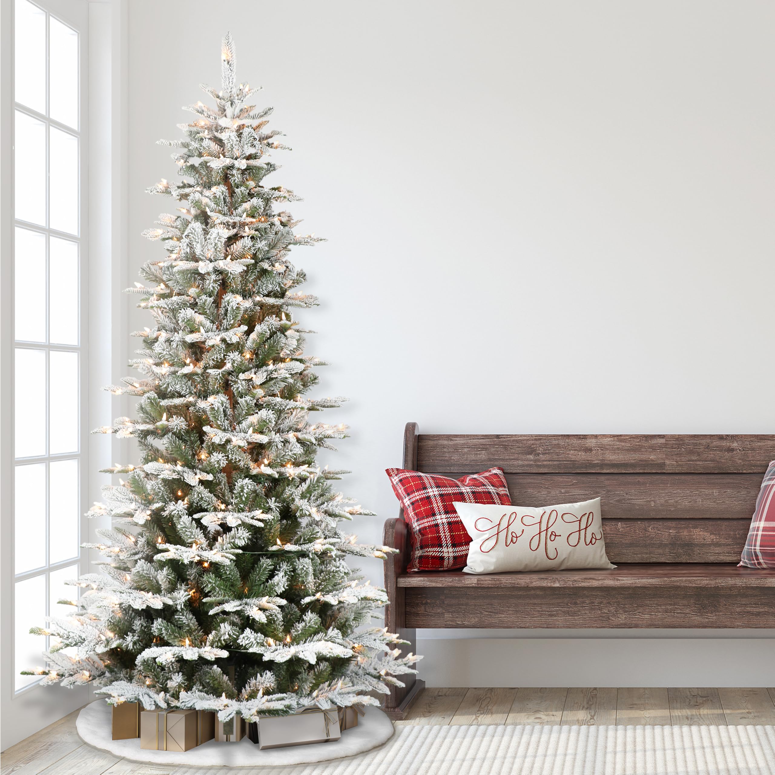 Puleo International 7.5ft Pre-Lit Slim Flocked Artificial Christmas Tree - 450 Clear Lights for Holiday Decor | Perfect for Small Spaces & Cozy Home Decor