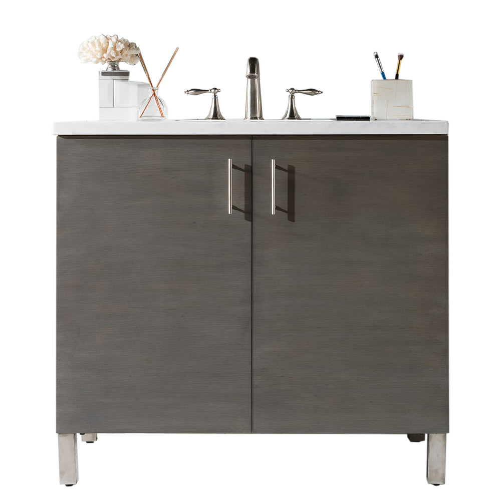 Metropolitan 36 Inch Single Bathroom Vanity Set with Eternal Jasmine Pearl Quartz Top in Silver Oak - Perfect for Modern Master Bathrooms and Powder Rooms