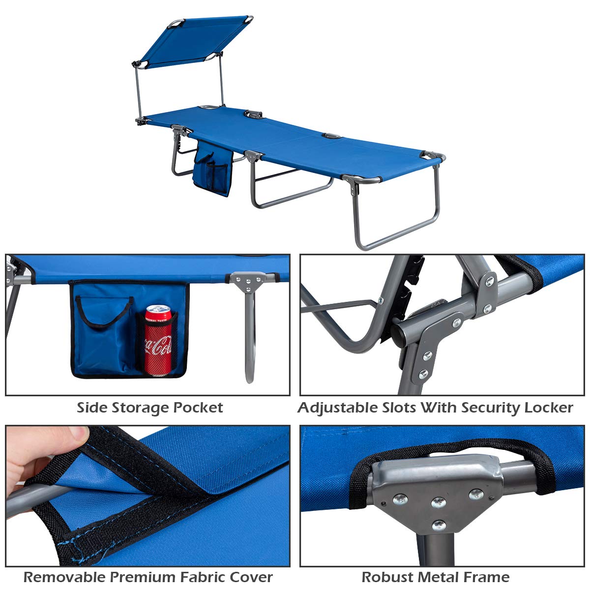 Giantex Adjustable Tanning Chair with Canopy & Storage - 5-Position Patio Chaise Lounge, Foldable Beach Chair for Poolside, Lawn, Camping - Perfect for Sunbathing, Relaxing by the Pool or Beach Vacation (Navy Blue)