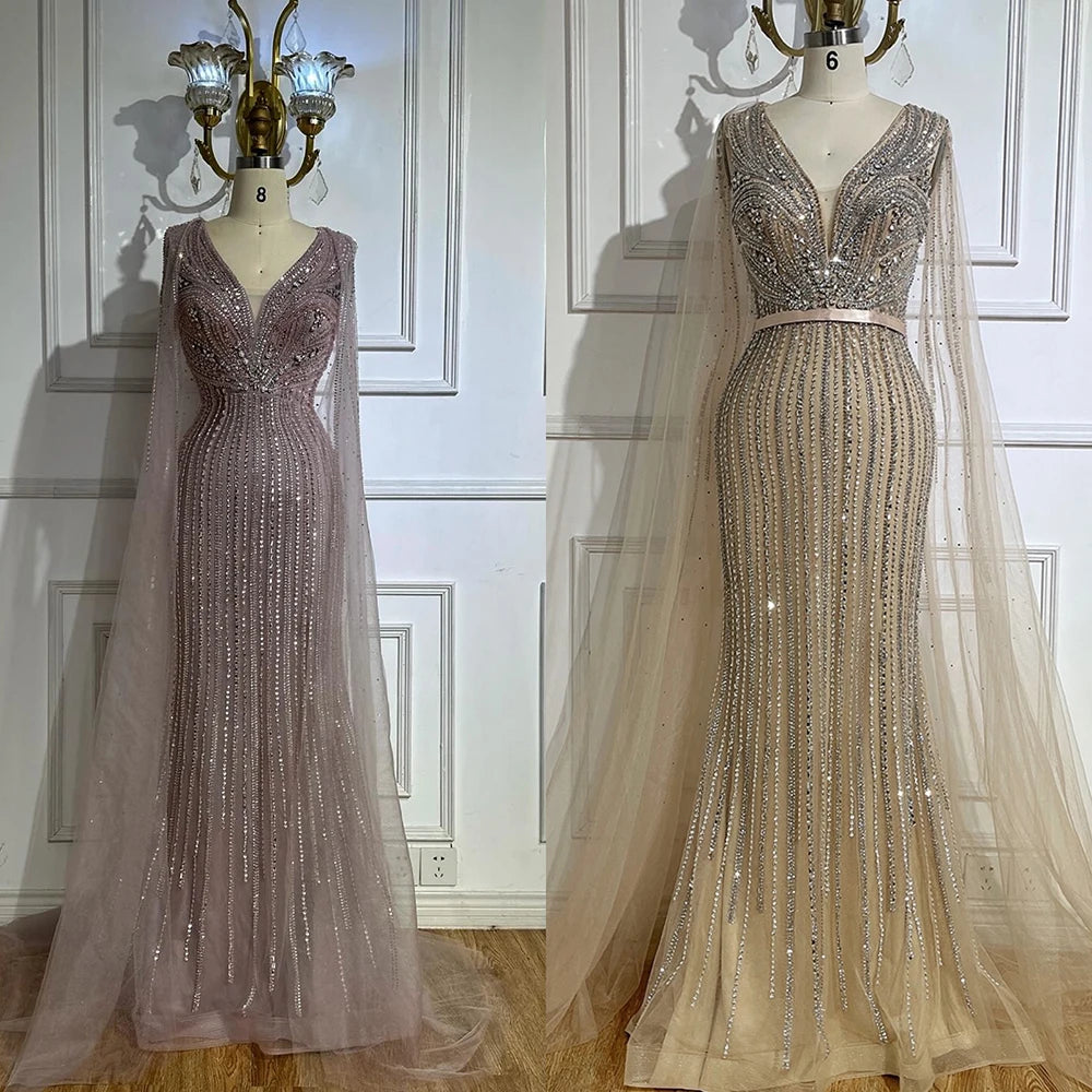 Luxury Dubai Pink Cape Sleeves Beaded Evening Dress for Women - Elegant Wedding Party Gown LA72864 | Perfect for Red Carpet Events, Galas & Formal Occasions