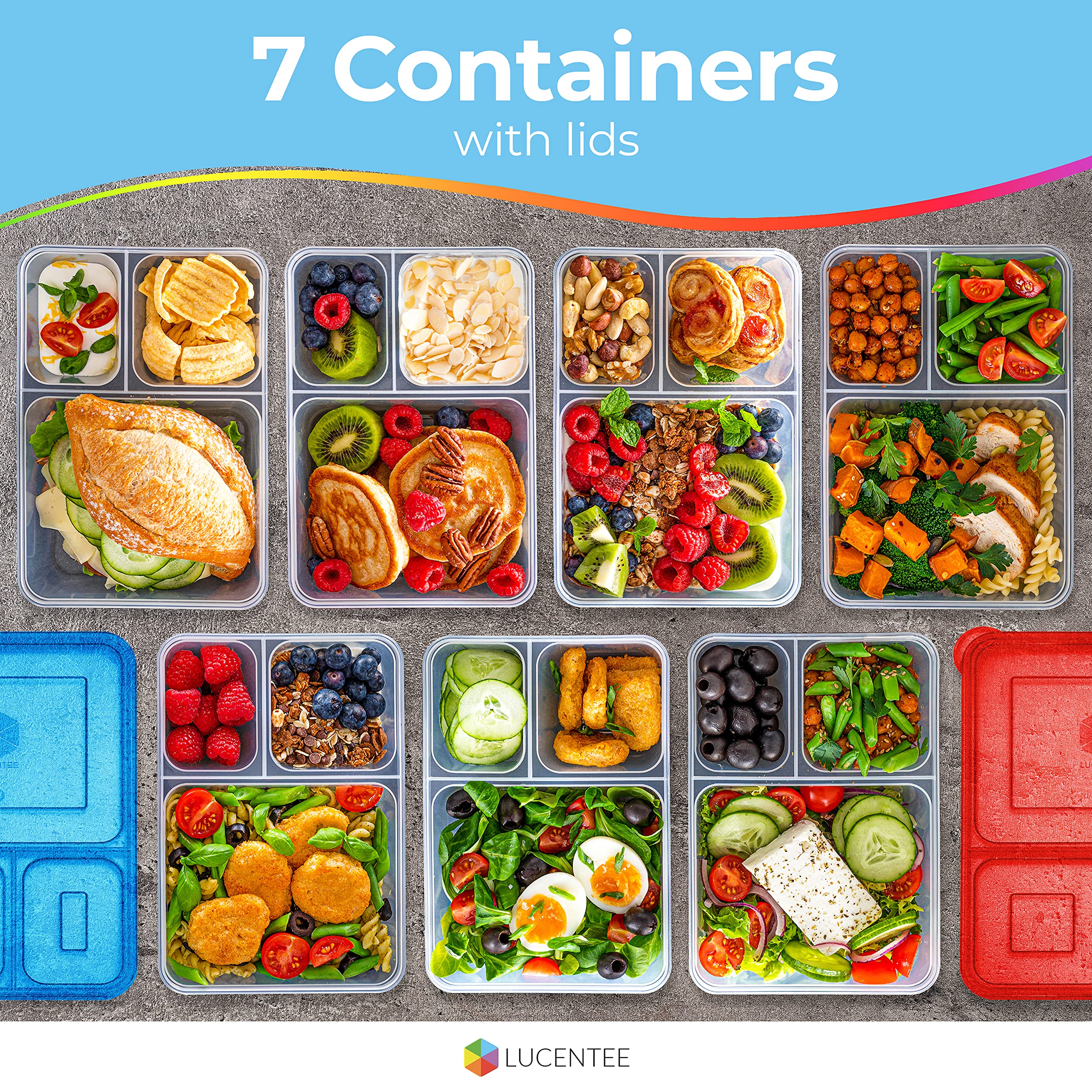 7-Pack Bento Snack Box - 3 Compartment Food Storage Container, Reusable Lunch Box for Adults & Kids, Meal Prep Containers - Microwave & Dishwasher Safe - Perfect for School, Office & Picnics