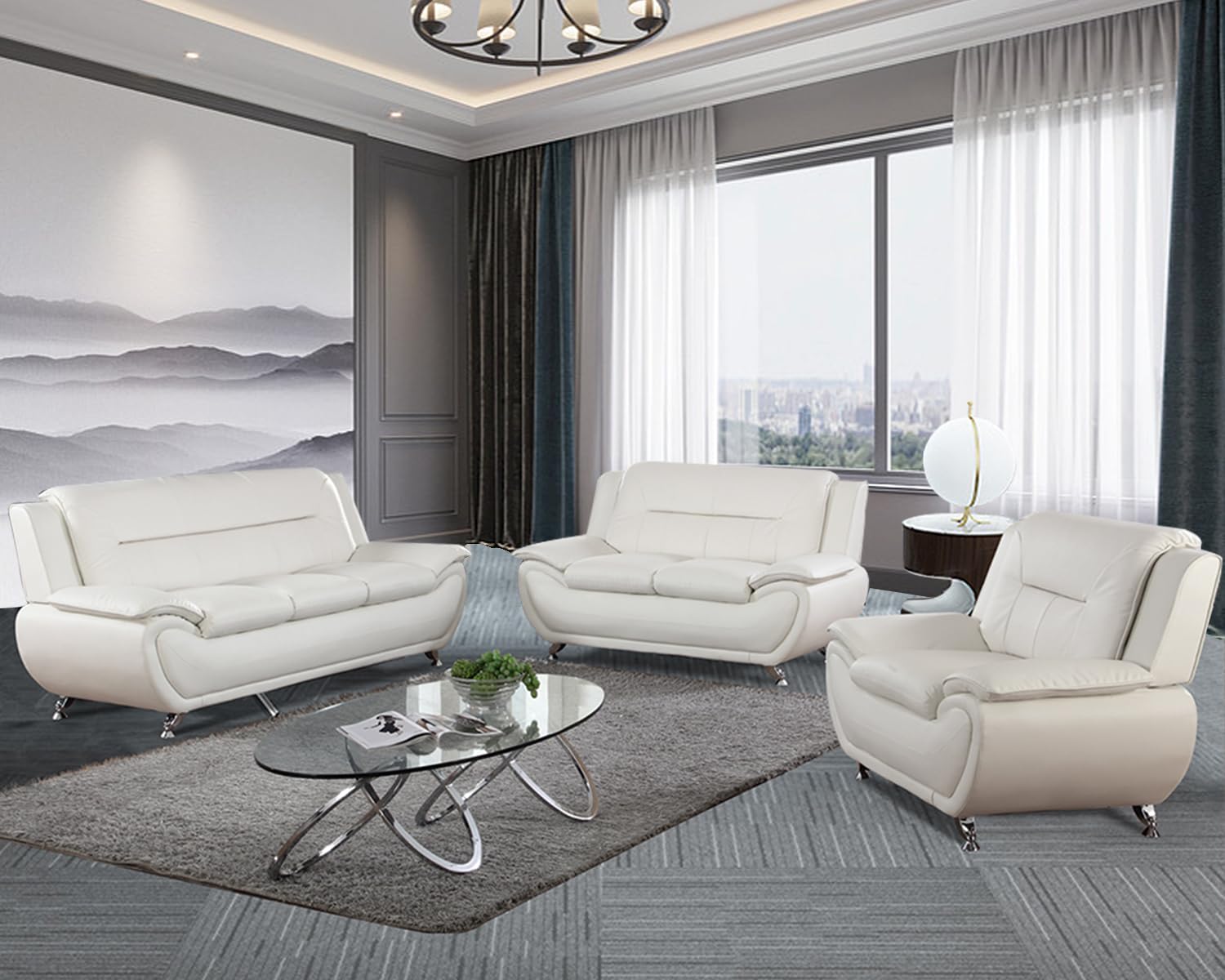 3-Piece Modern Leather Living Room Furniture Set - Cream White Sofa, Loveseat & Armchair | Comfortable Couch Set for Home Theater, Family Gatherings & Cozy Lounging