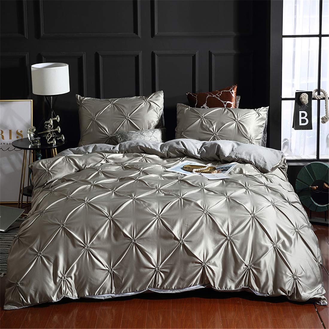 Erosebridal Grey Pinch Pleated Duvet Cover Set - King Size Silk-Like Satin Pintuck Bedding with Zipper & Ruffle Design, Luxury Microfiber Comforter Cover for Master Bedroom, Guest Room & Hotel Decor