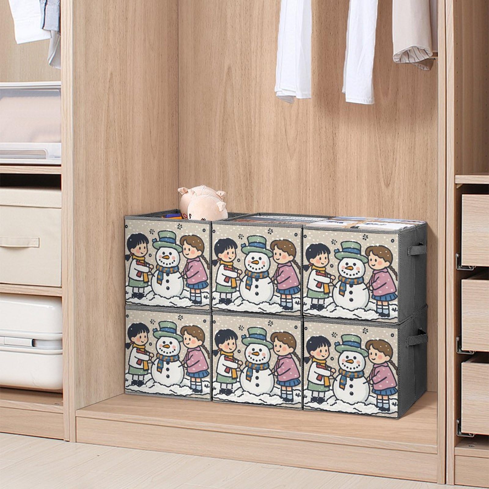 6-Piece Foldable Storage Bins with Handles - Large Capacity Snowman Printed Organizer Boxes for Playroom, Office & Home Organization | Perfect for Toys, Books & Seasonal Decor Storage