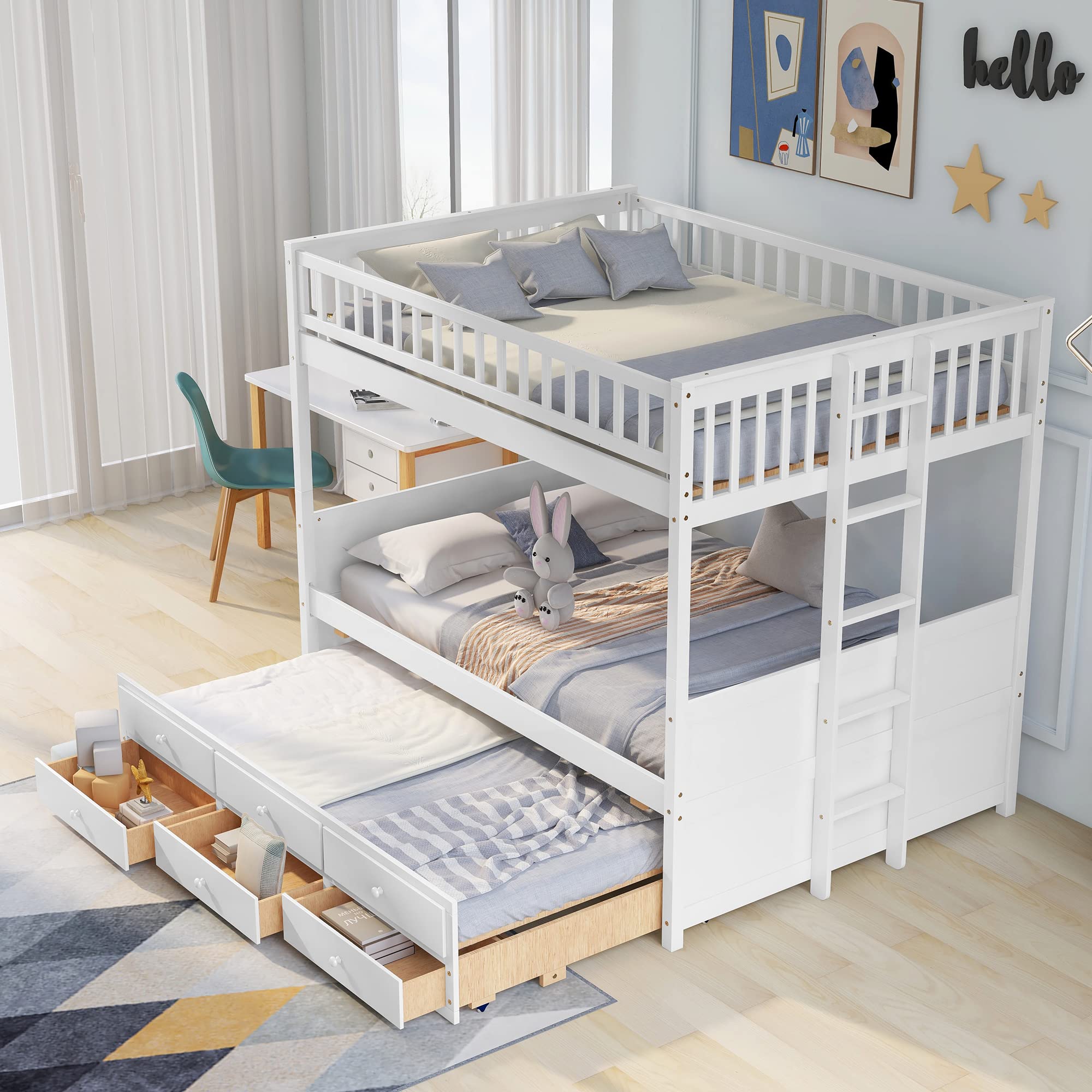 Full Over Full Bunk Beds with Trundle & 3 Storage Drawers - Detachable Wooden Bunk Bed with Ladder for Kids, Teens & Adults - Space-Saving White Bunk Bed for Small Rooms, Guest Rooms & Vacation Homes
