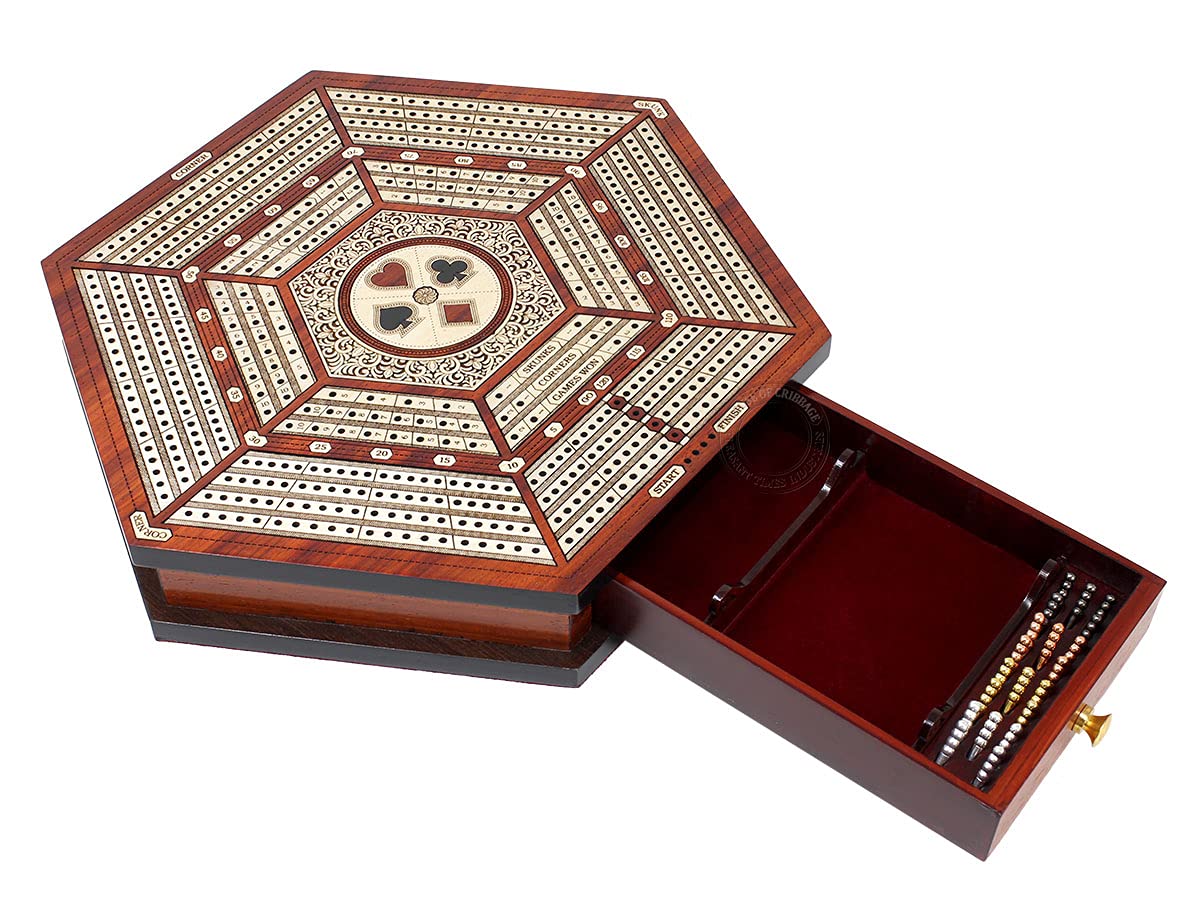 Premium Hexagonal Cribbage Board with 4 Continuous Tracks, Storage Drawer & Score Marking Fields - Blood Wood/White Maple - Perfect for Family Game Nights & Travel Entertainment