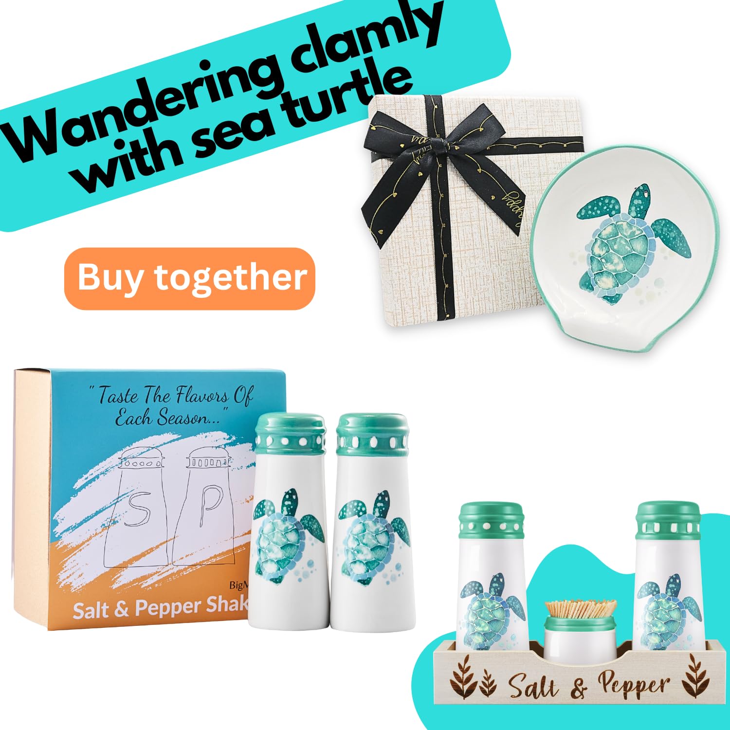Turtle Salt and Pepper Shakers Set - Coastal Ocean Nautical Kitchen Decor in Teal & Turquoise, Large Hawaiian Beach-Themed Shakers, Cute Sea Turtle Design for Labor Day Gifts | Perfect for Beach House, Coastal Kitchen, and Tropical-Themed Dining Decor