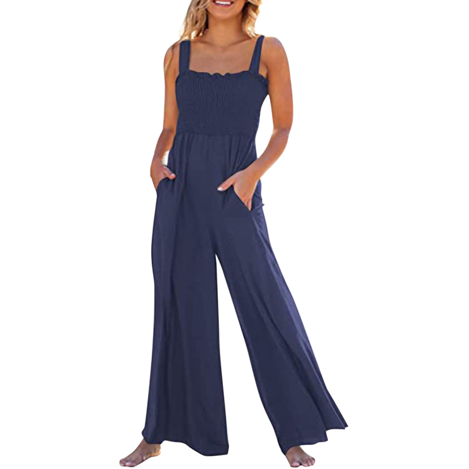 Women's Summer Casual Jumpsuit with Spaghetti Straps, Ruffles & Pockets - Stylish Romper for Beach, Vacation & Everyday Wear