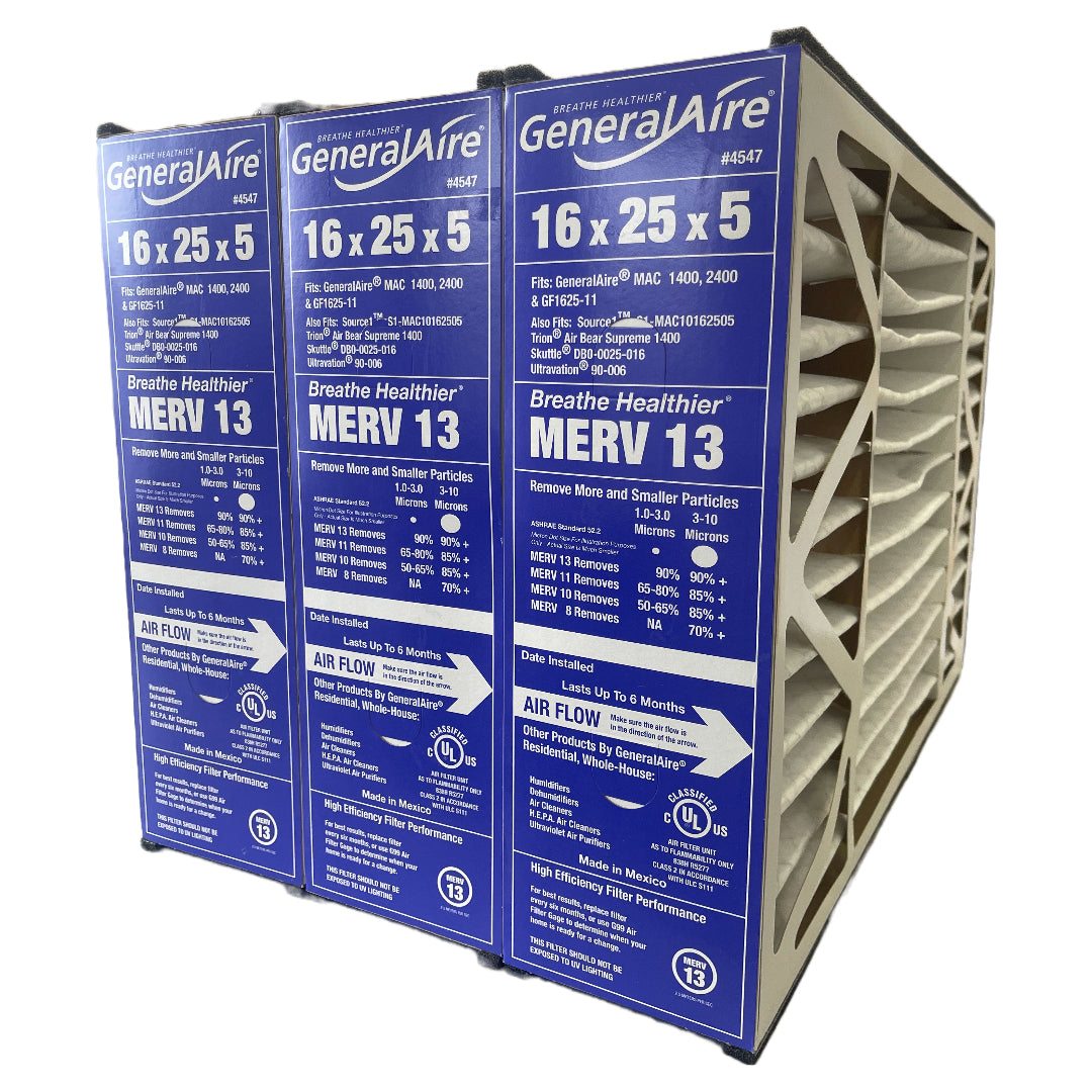 Generalaire 4547 MERV 13 Air Filter 16x25x5 (Actual Size 15 5/8 x 24 3/16 x 4 15/16) - Case of 3 - High Efficiency HVAC Filters for Home, Office & Commercial Use - Improves Indoor Air Quality & Reduces Allergens