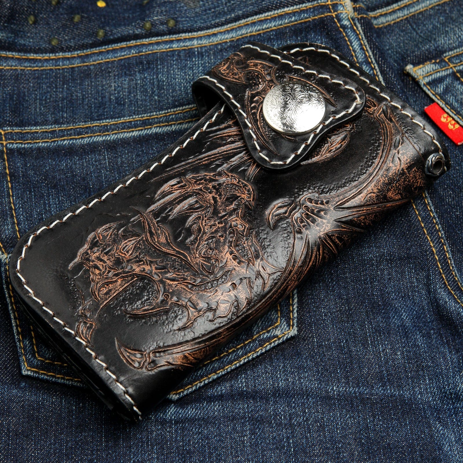 Genuine Leather Biker Chain Wallet for Men - Stylish Rider Dragon Design - Perfect for Motorcycle Enthusiasts & Everyday Use