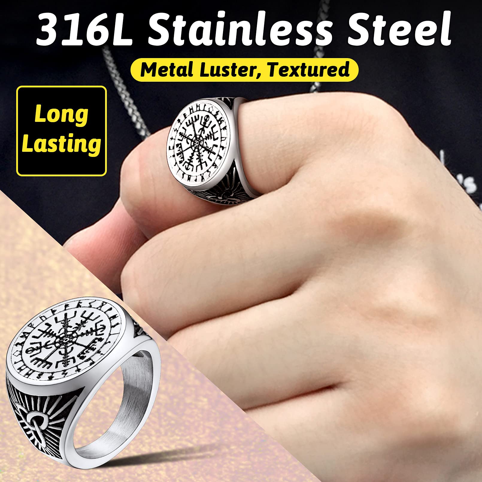 FaithHeart Viking Rings for Men - Norse Runes, Thor Hammer, Valknut Stainless Steel Rings for Everyday Wear